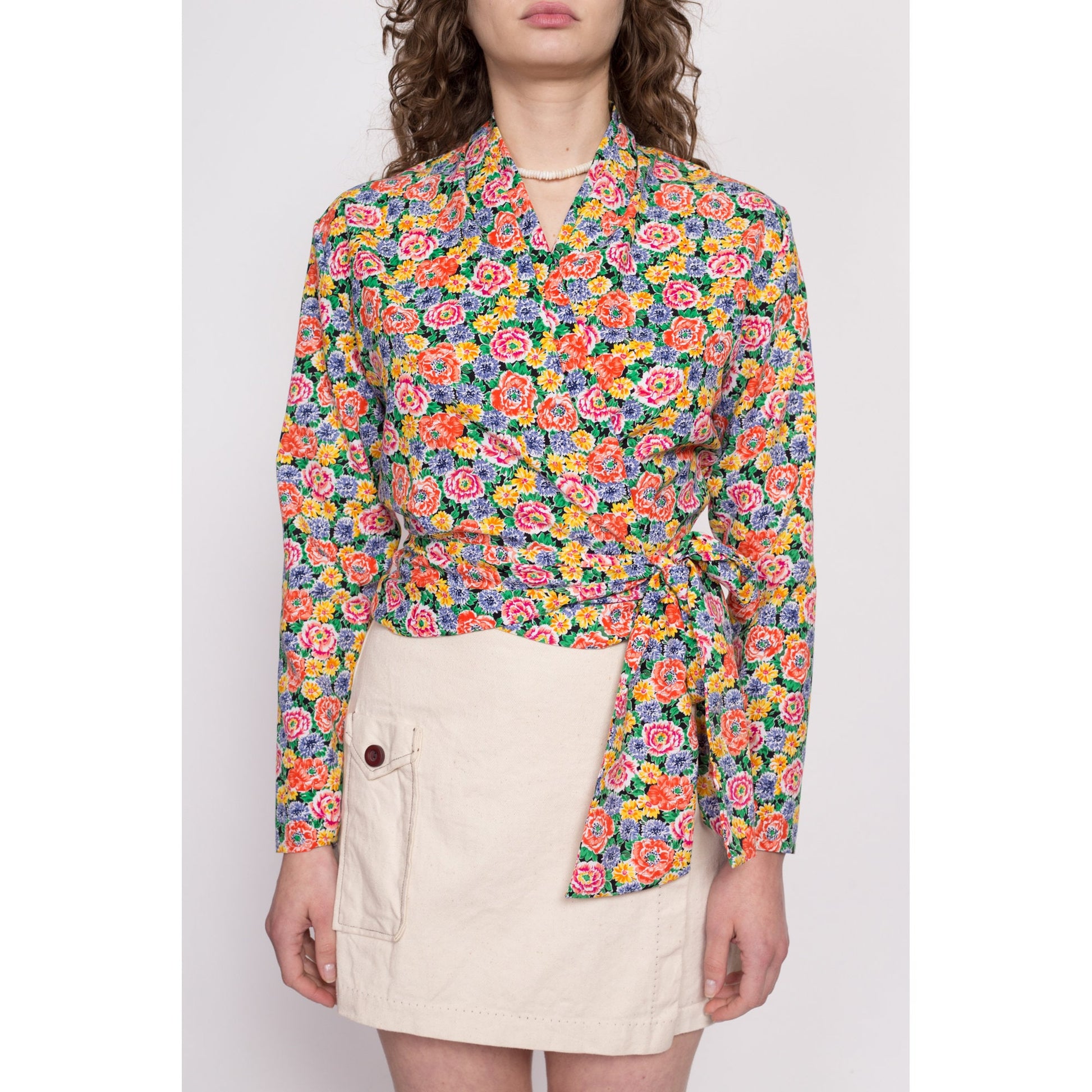 80s Colorful Floral Wrap Top - Small | Vintage Long Sleeve Cropped Secretary Blouse