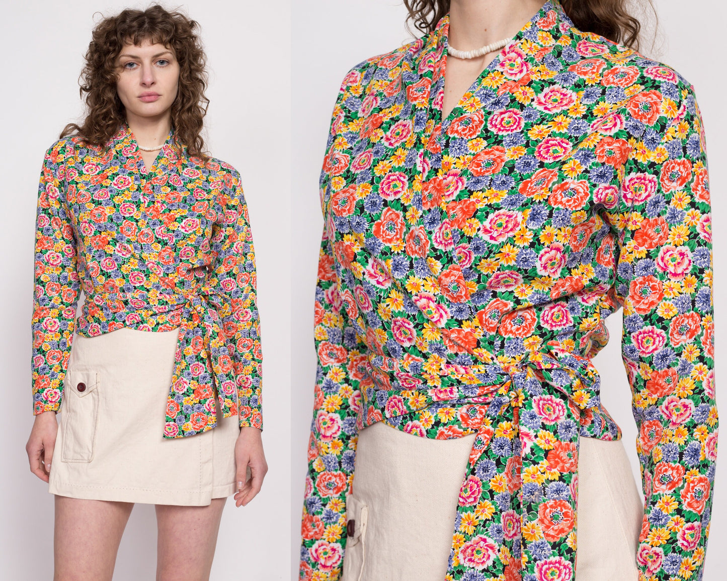 80s Colorful Floral Wrap Top - Small | Vintage Long Sleeve Cropped Secretary Blouse