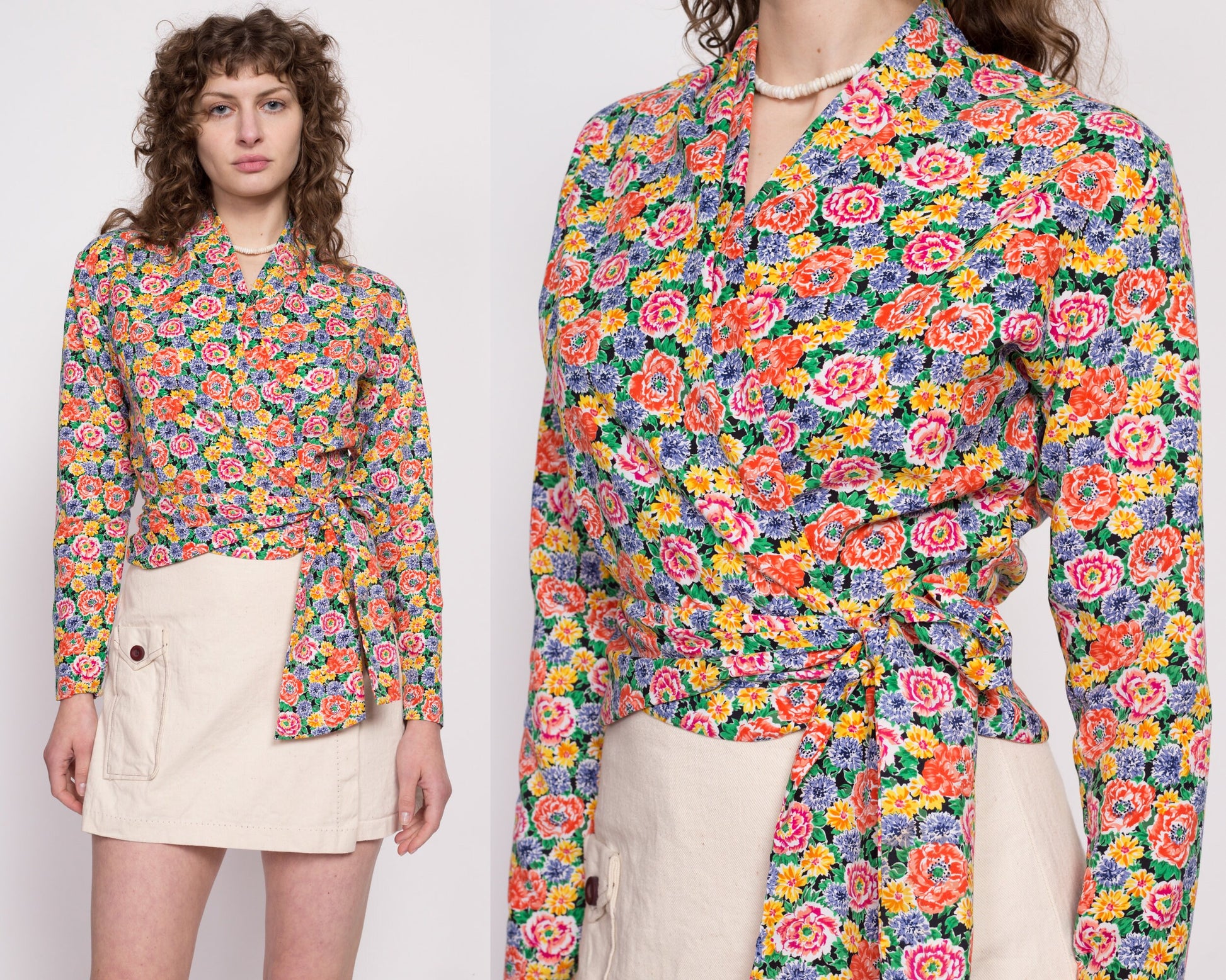80s Colorful Floral Wrap Top - Small | Vintage Long Sleeve Cropped Secretary Blouse