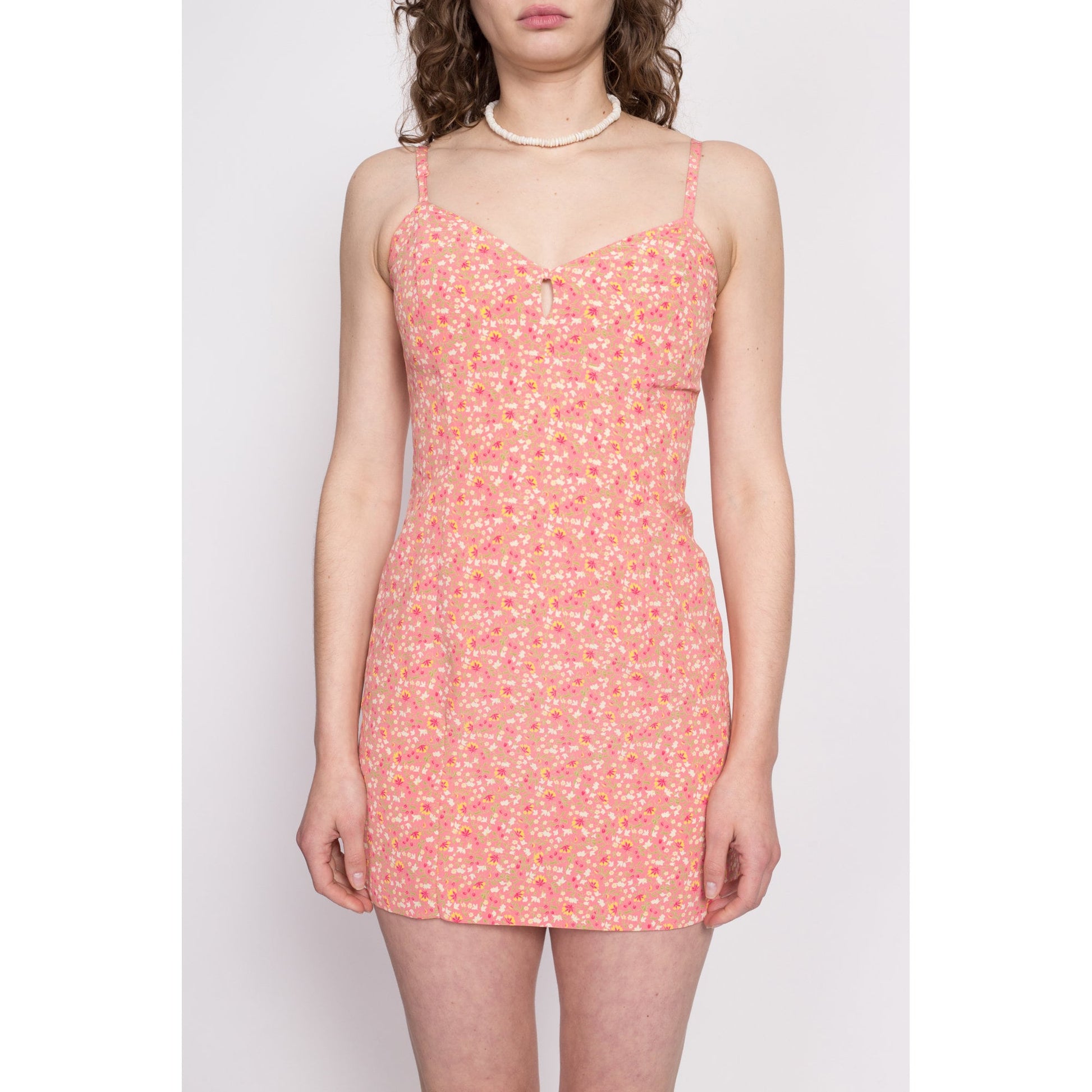 90s Peach Pink Calico Floral Romper - Extra Small | Vintage Express Spaghetti Strap Mini Dress Playsuit