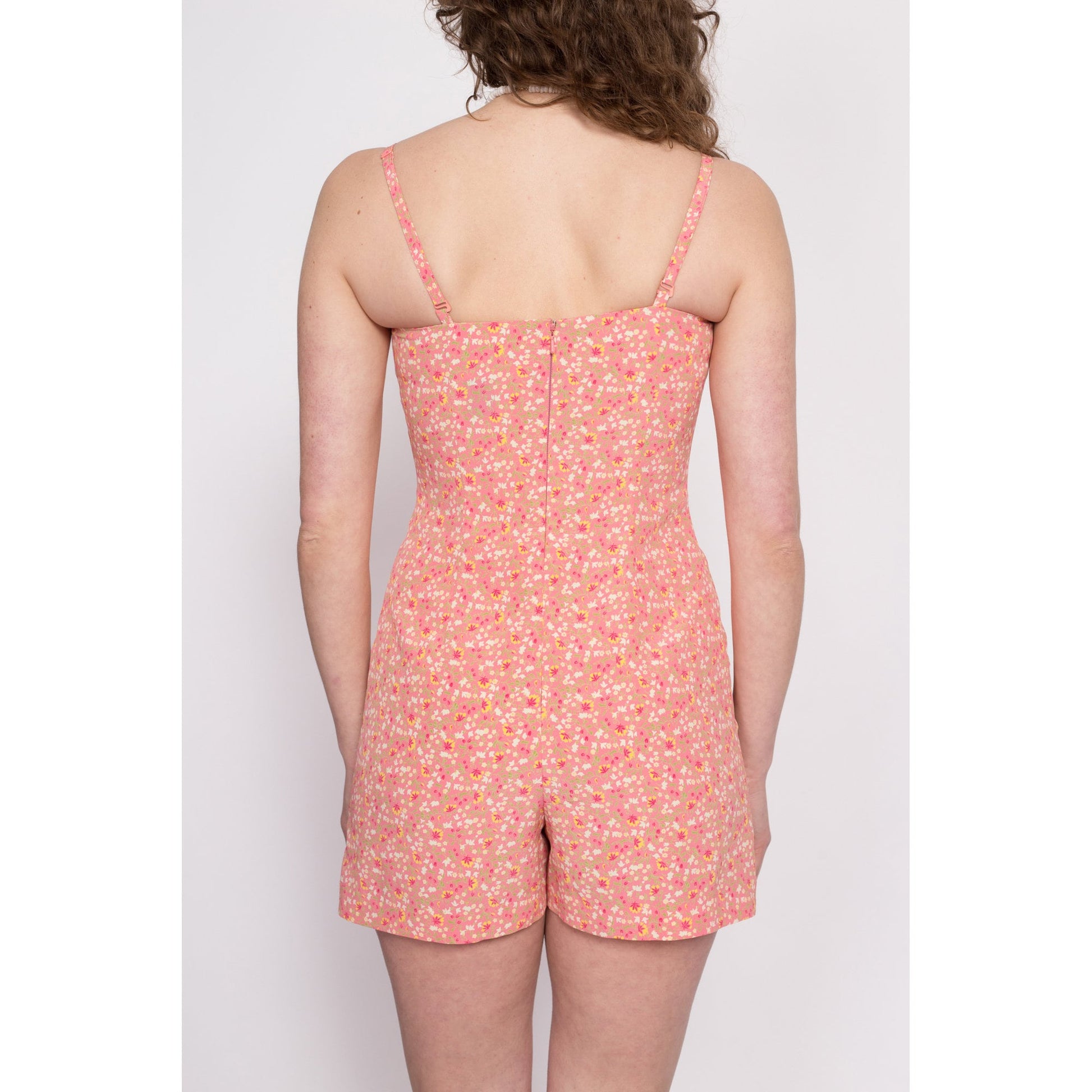 90s Peach Pink Calico Floral Romper - Extra Small | Vintage Express Spaghetti Strap Mini Dress Playsuit