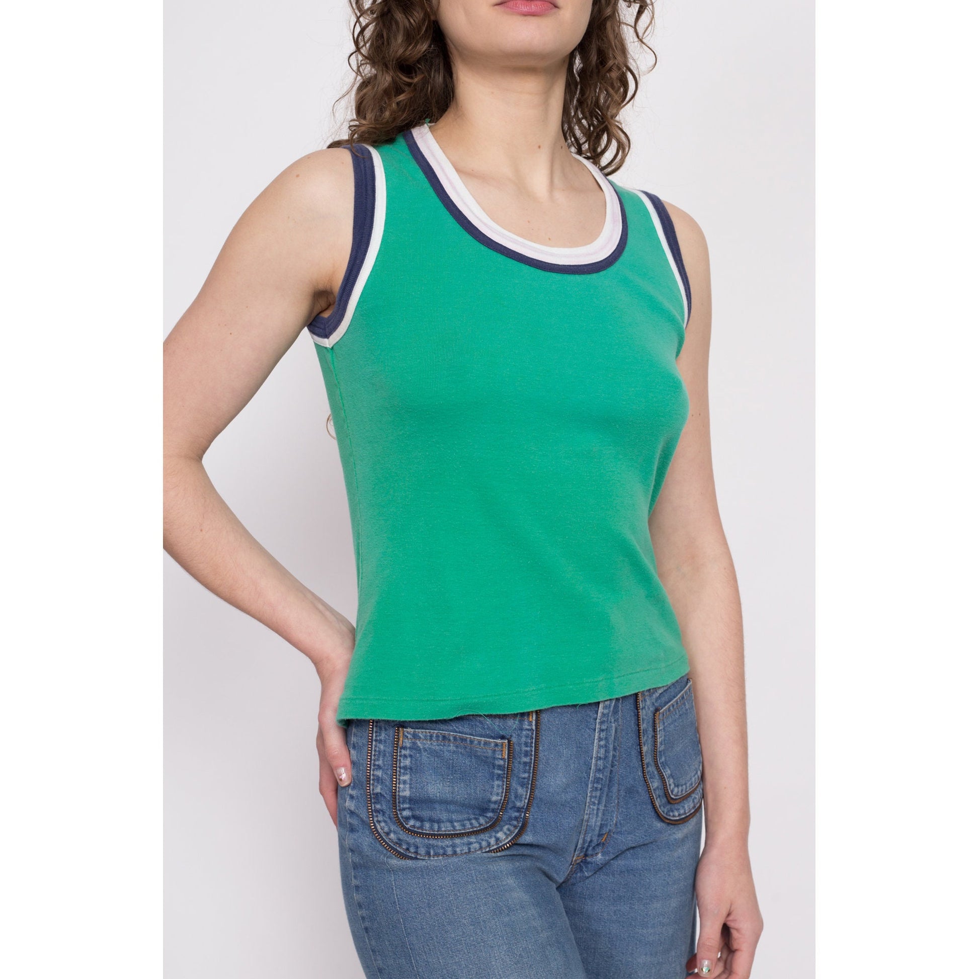 70s Green Ringer Tank - Medium | Vintage Striped Sleeveless Shirt
