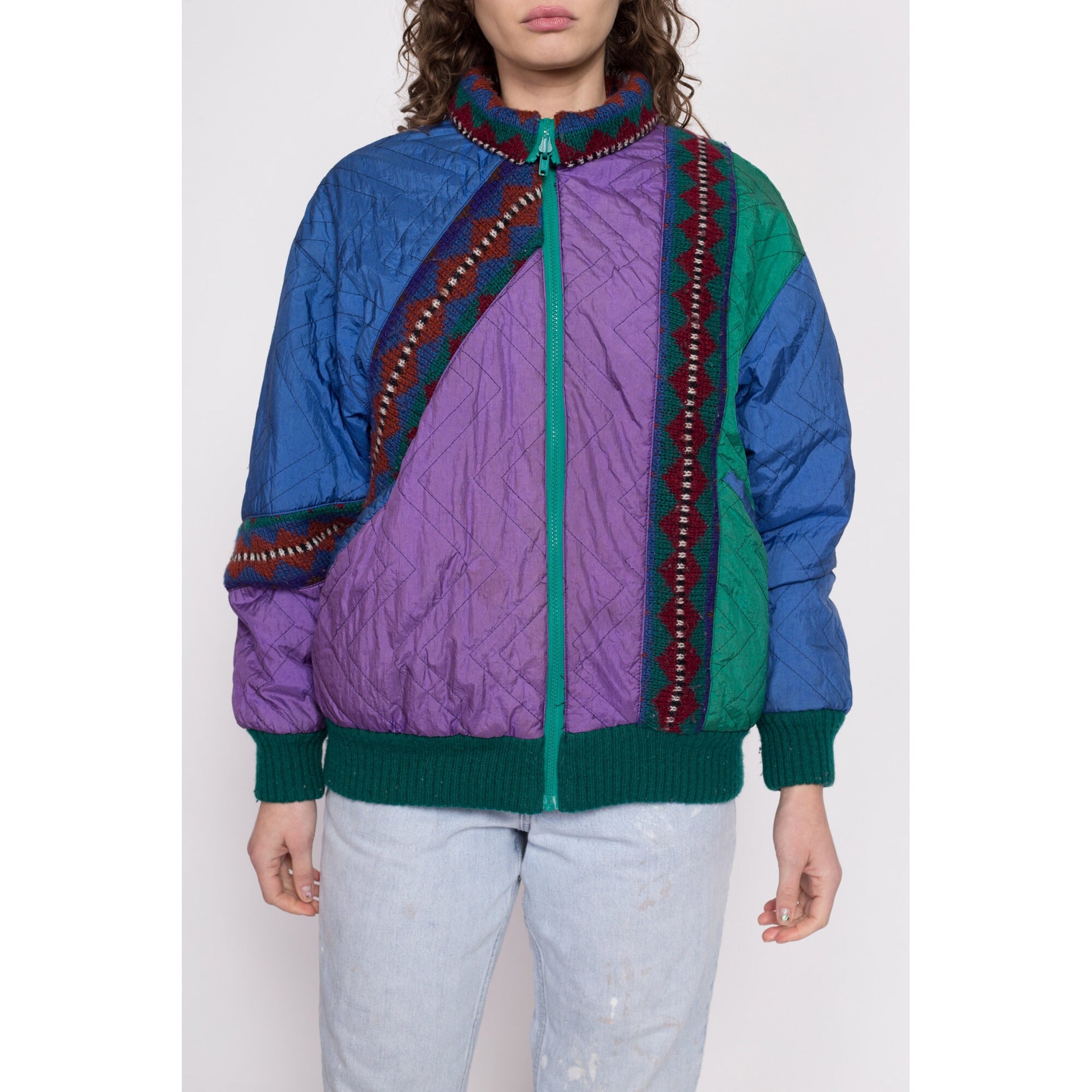80s Color Block & Geometric Knit Reversible Jacket - Large | Vintage Colorful Streetwear Windbreaker Bomber Coat