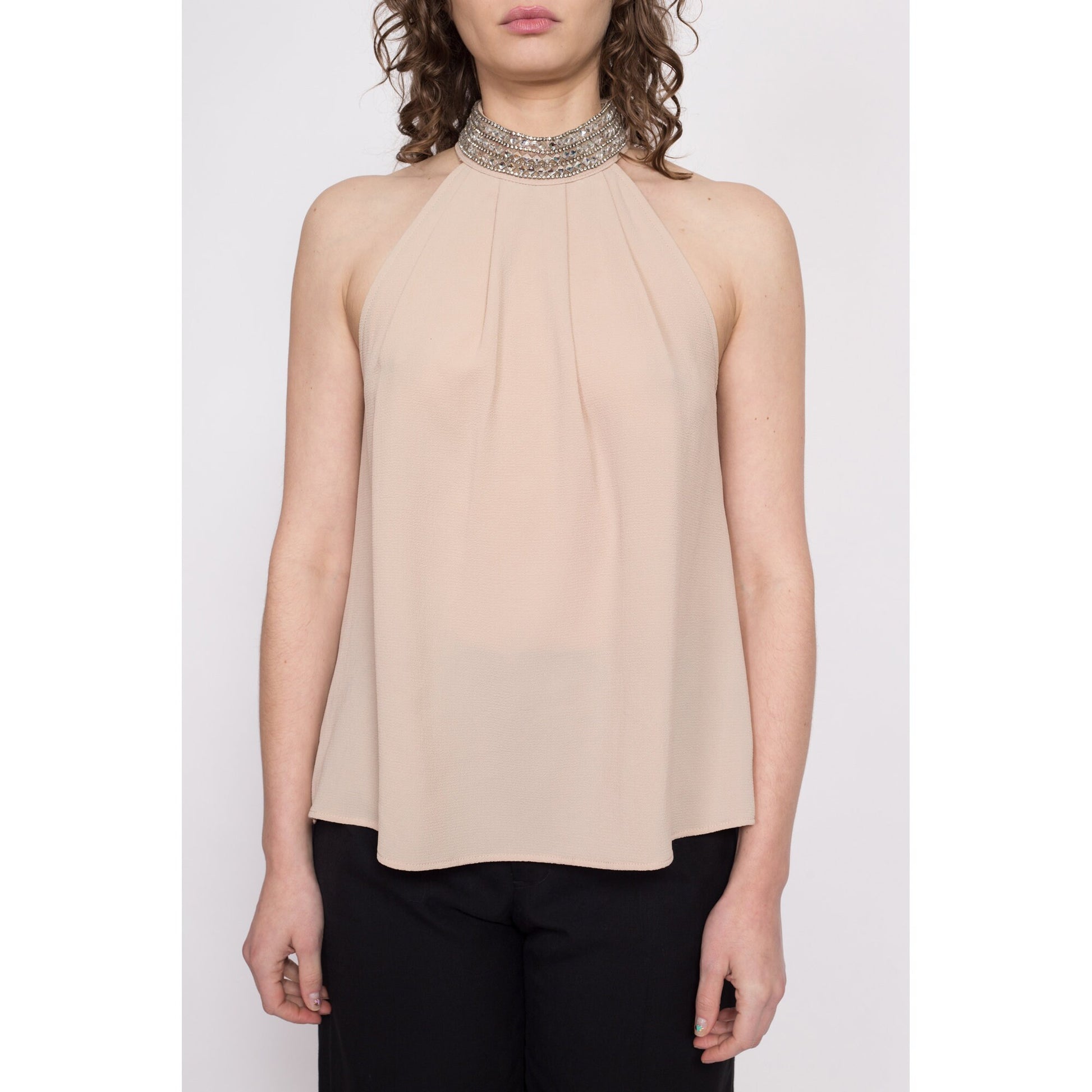 Y2K Nude Jeweled Neck Racerback Top - Small | Vintage Lightweight Flowy Sleeveless High Neck Shirt