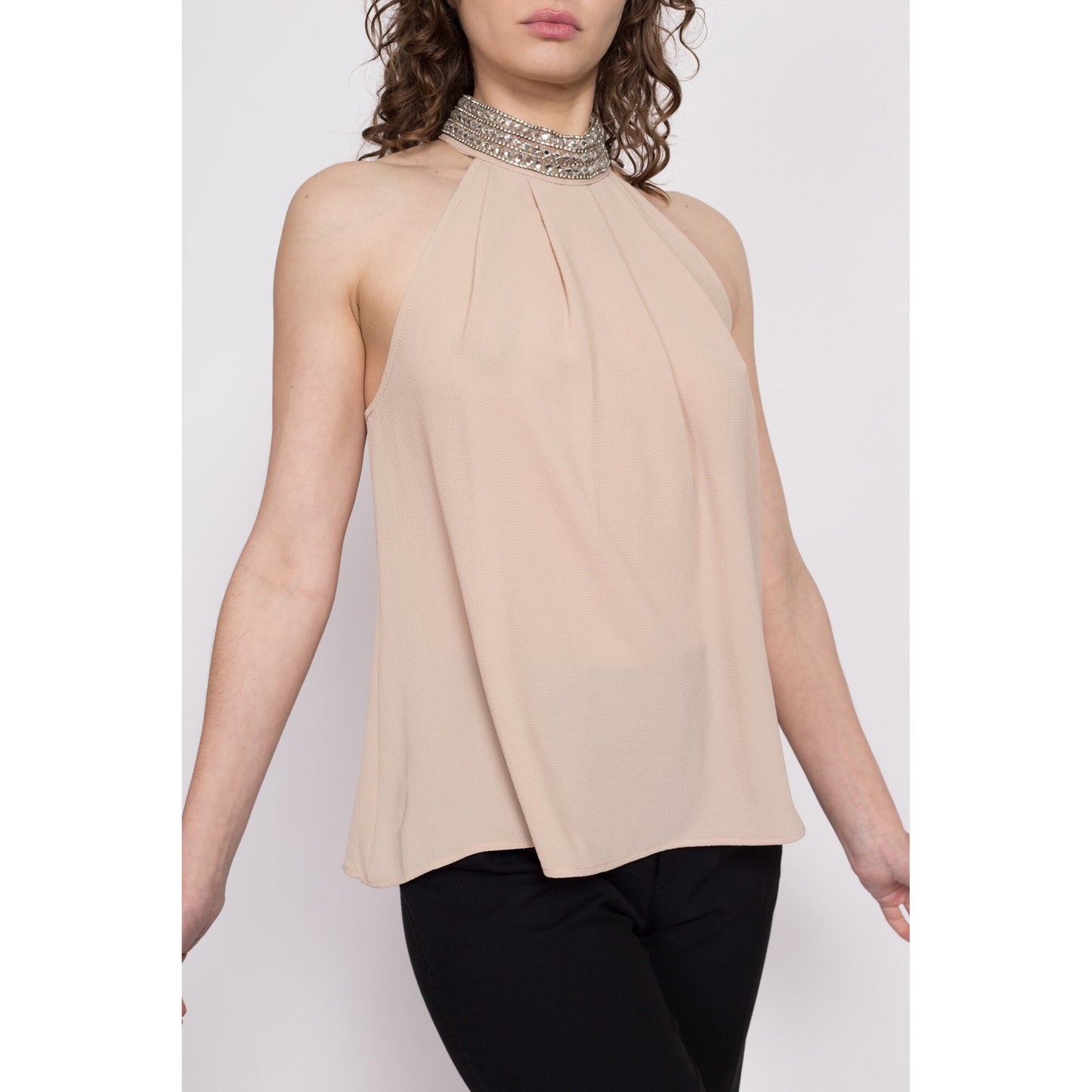Y2K Nude Jeweled Neck Racerback Top - Small | Vintage Lightweight Flowy Sleeveless High Neck Shirt