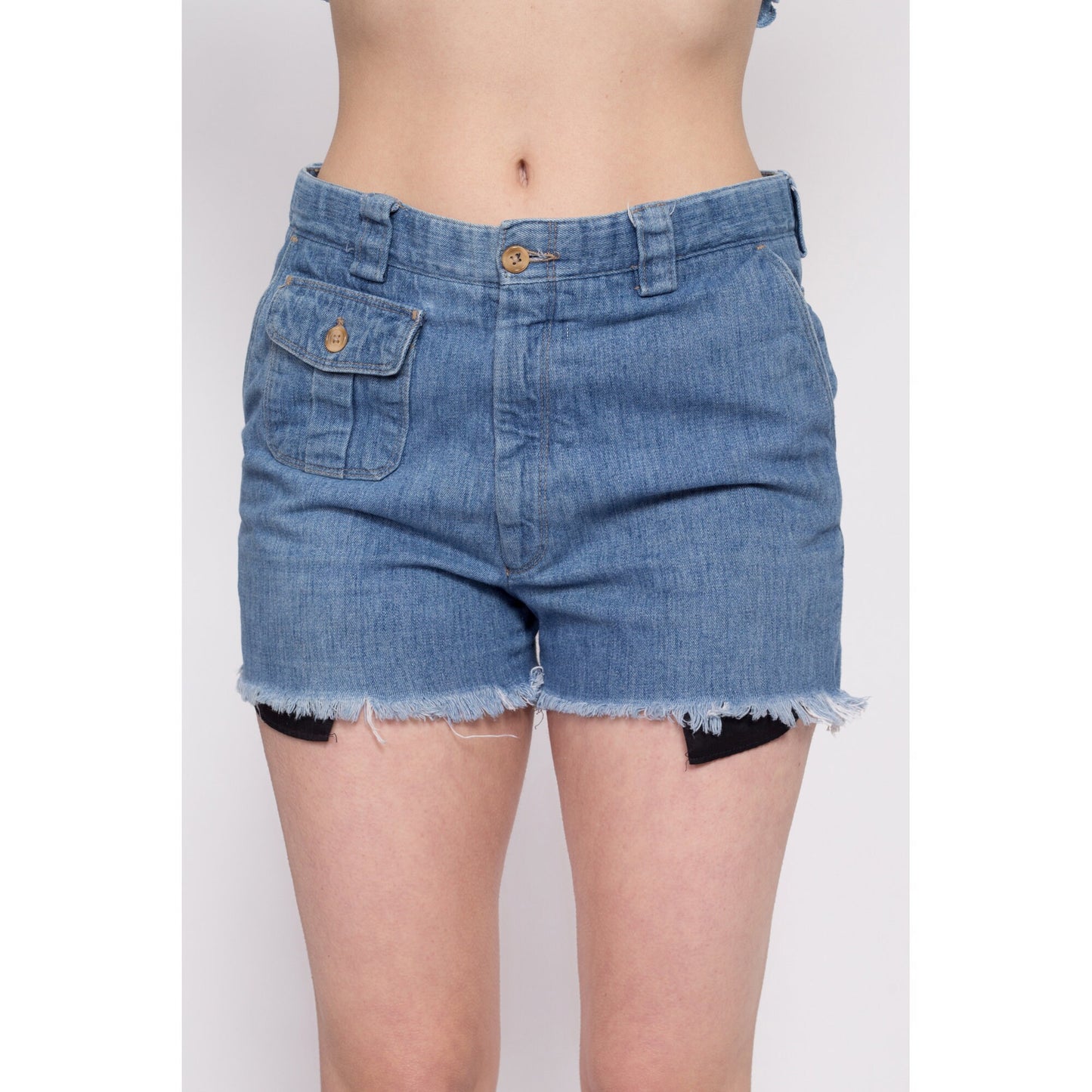 70s Denim Cargo Cut Offs - 31" Waist | Vintage Unisex Medium Wash High Waisted Jean Shorts