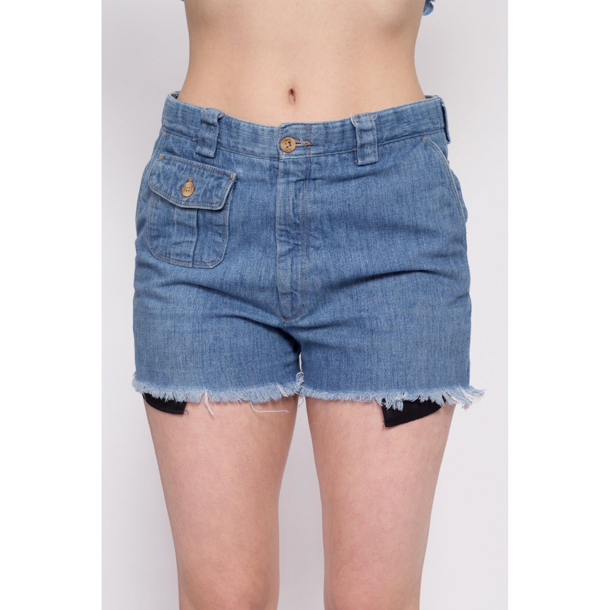 70s Denim Cargo Cut Offs - 31" Waist | Vintage Unisex Medium Wash High Waisted Jean Shorts
