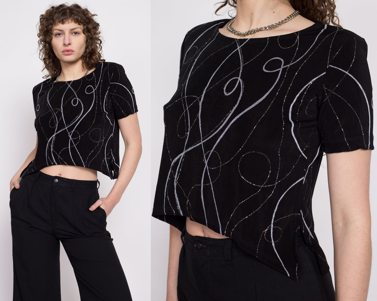 80s Slinky High Low Hem Cropped Blouse - Small to Medium | Vintage Black Abstract Metallic Glam Crop Top