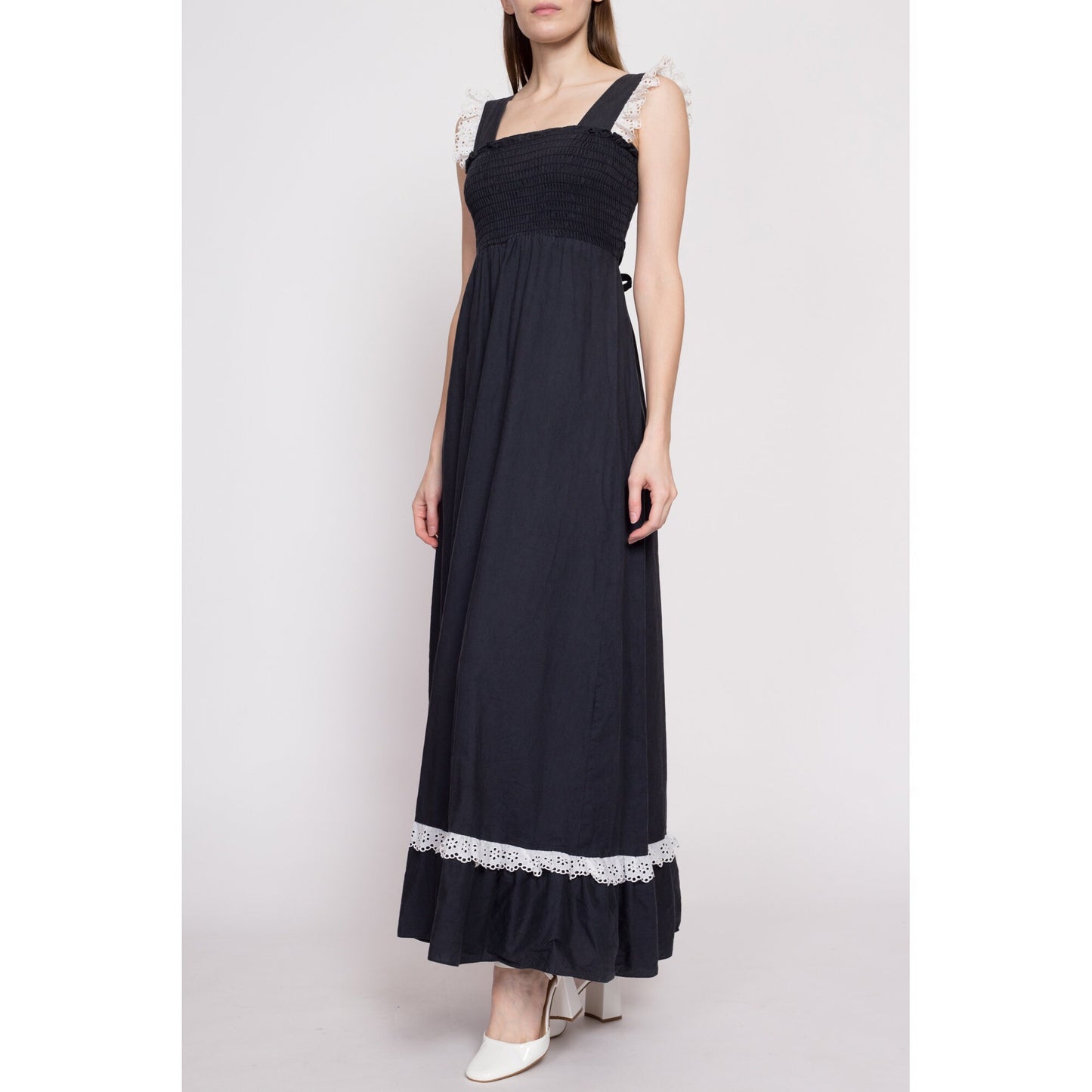 70s Boho Black & White Smocked Maxi Dress - Extra Small | Vintage Lace Trim A Line Long Sundress