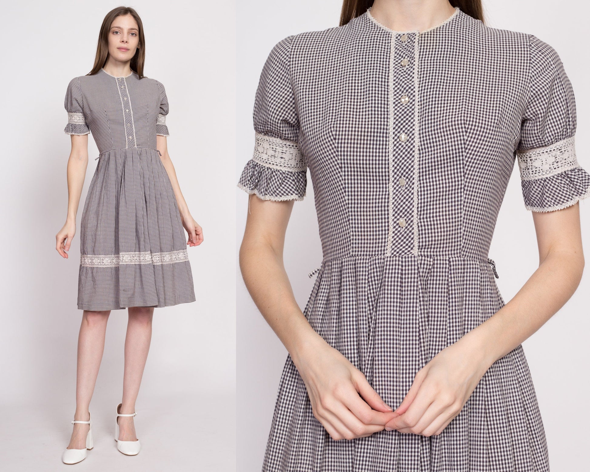 1950s Gingham Fit & Flare Day Dress - Extra Small | Vintage Black White Checkered Lace Trim Knee Length Dress