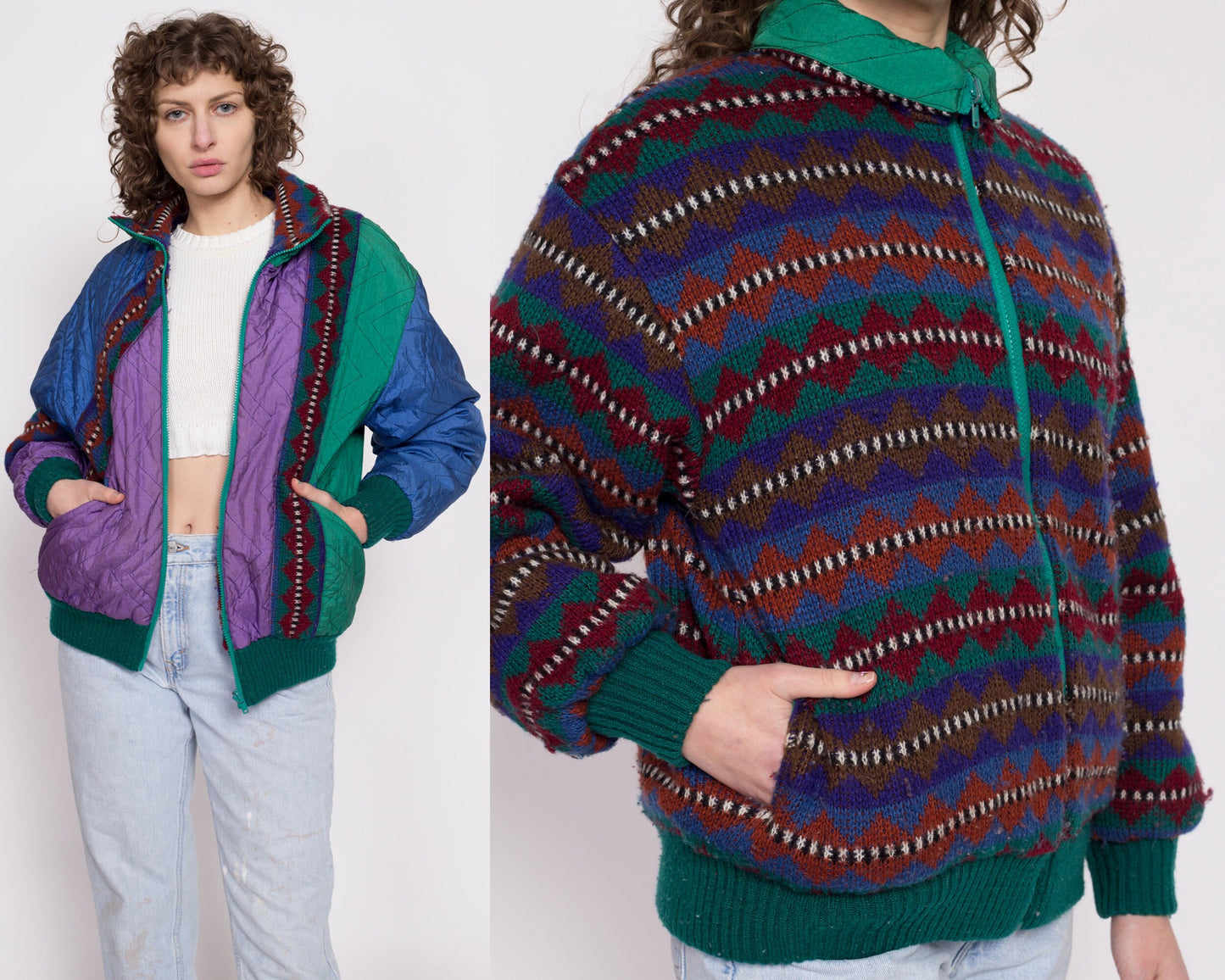 80s Color Block & Geometric Knit Reversible Jacket - Large | Vintage Colorful Streetwear Windbreaker Bomber Coat