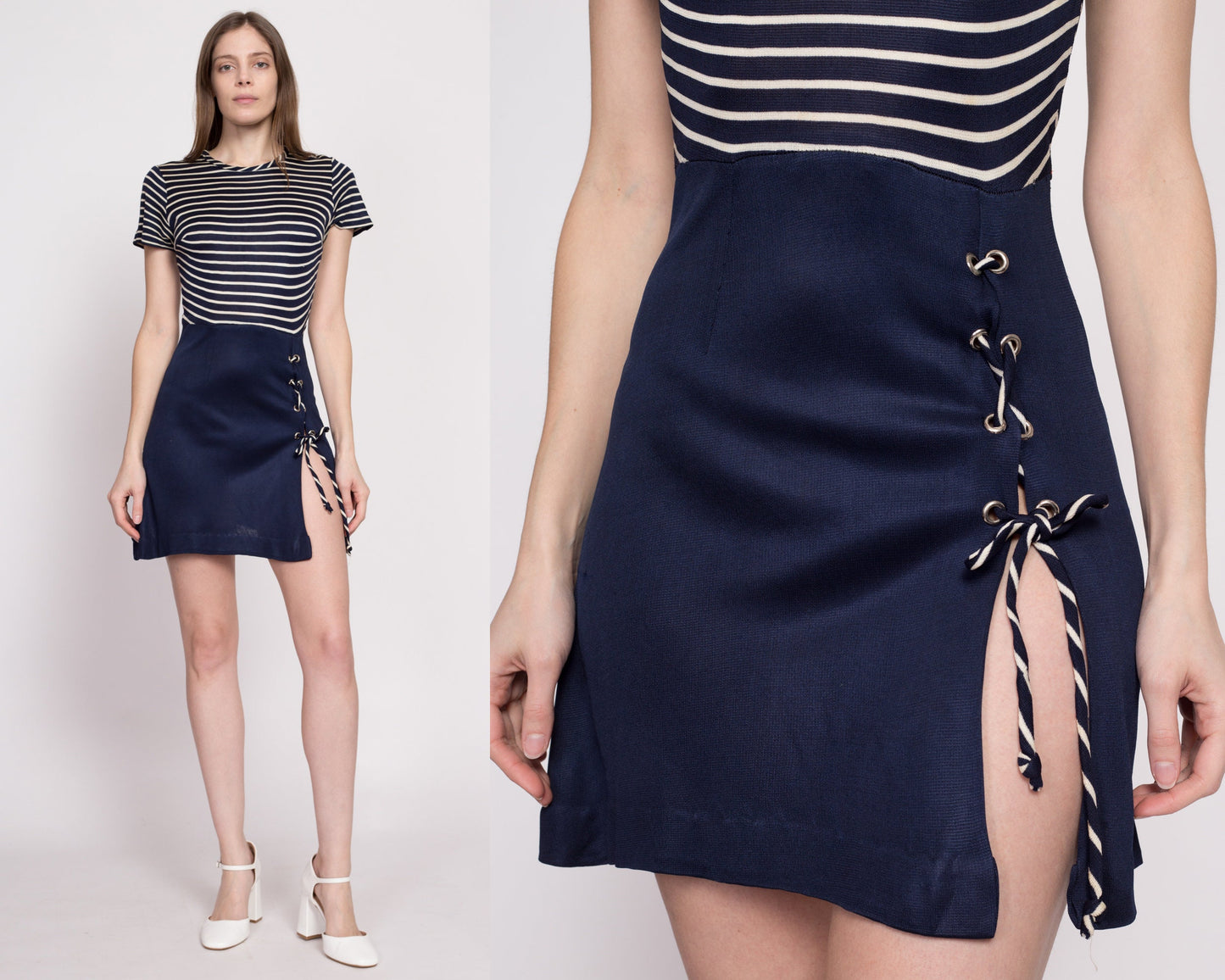 60s 70s Nautical Striped High Slit Dress - Small | Vintage Navy Blue Mod A-Line Retro Sailor Style Dress