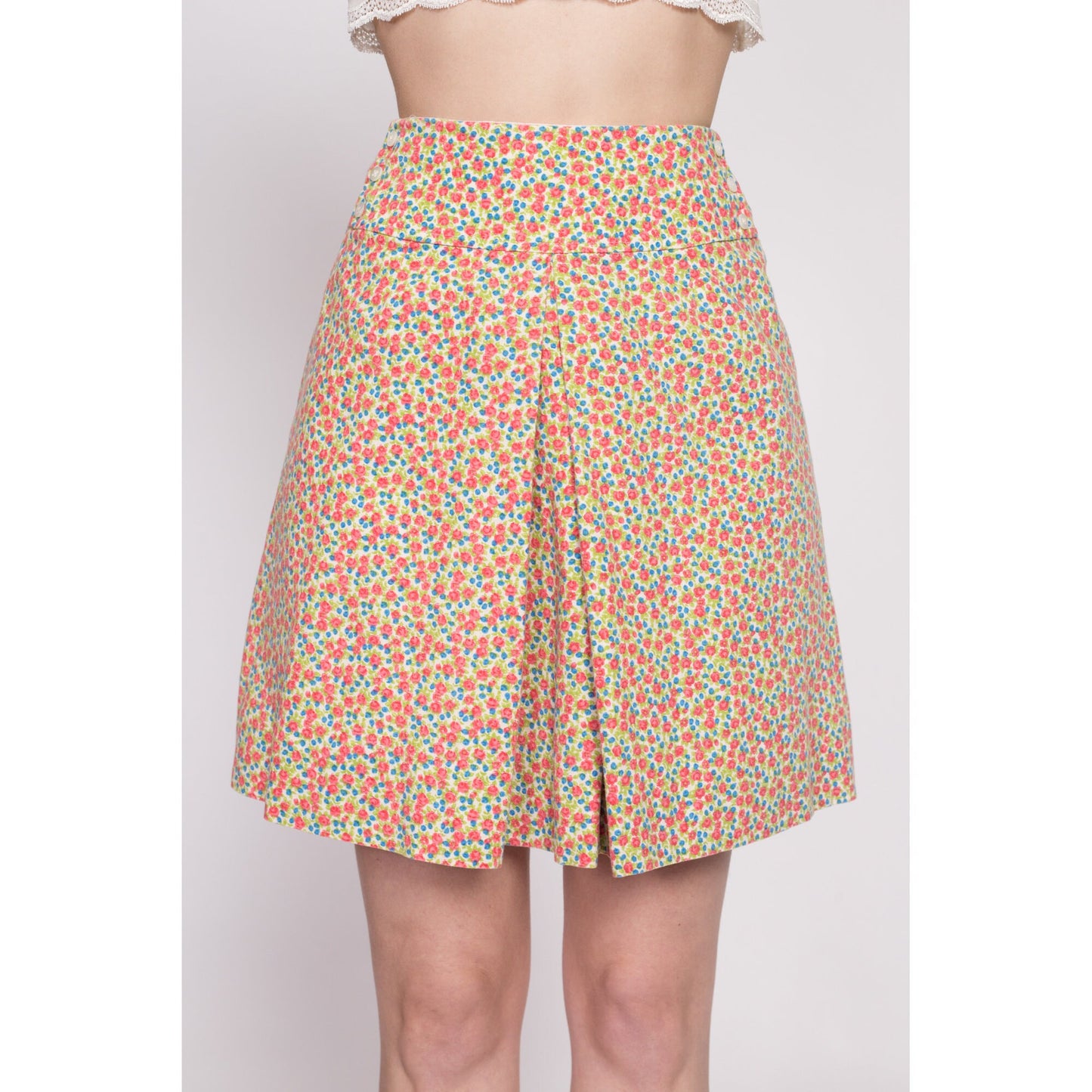 70s Calico Floral Pleated Mini Skirt - Extra Small, 23" | Vintage A Line Girly Retro Button Miniskirt