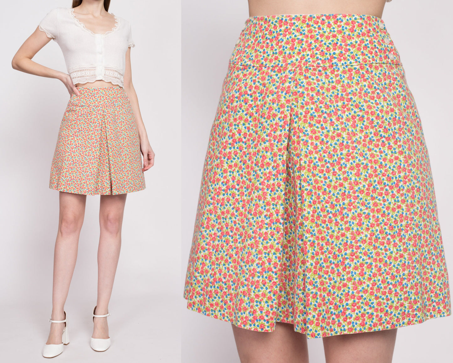 70s Calico Floral Pleated Mini Skirt - Extra Small, 23" | Vintage A Line Girly Retro Button Miniskirt