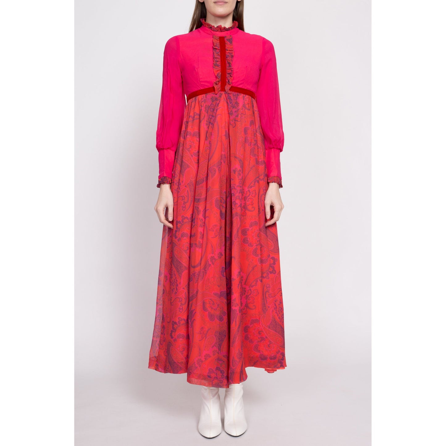 60s Hot Pink Floral & Paisley Palazzo Jumpsuit - Extra Small | Boho Vintage Empire Waist Wide Leg Chiffon Hippie Pantsuit