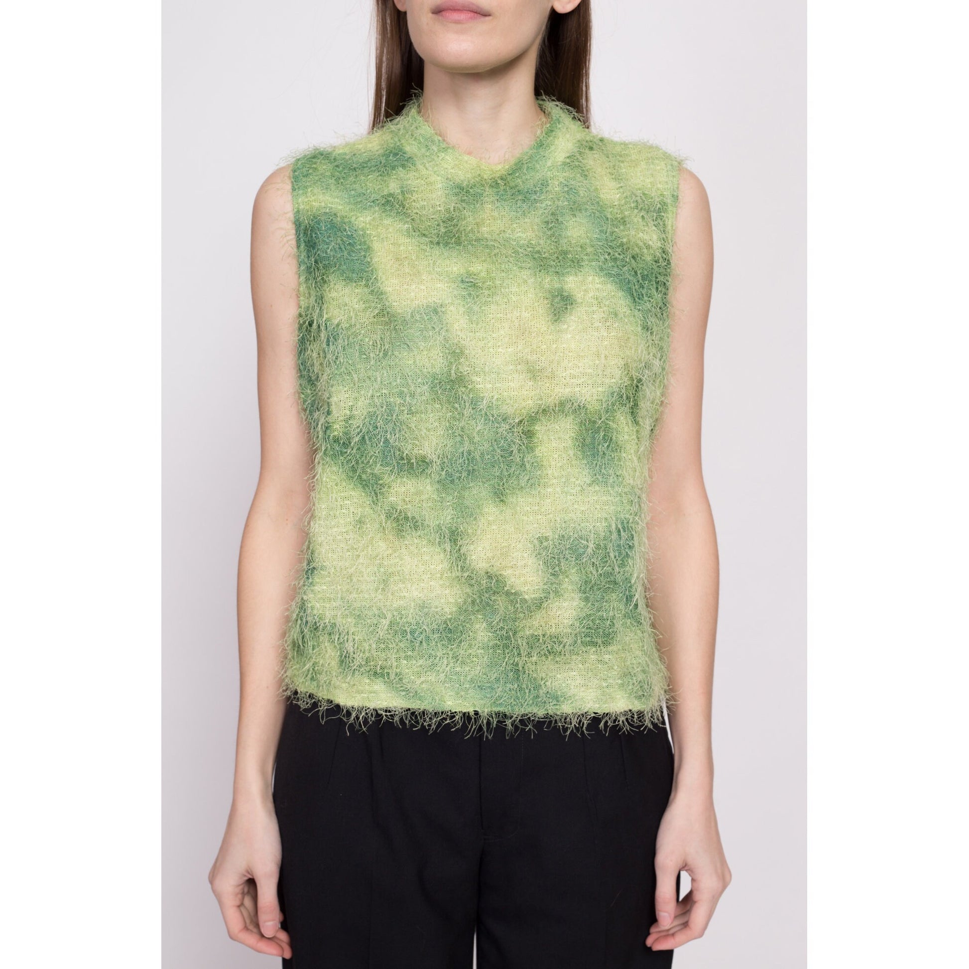 Y2K Green Shaggy Knit Top - Extra Large | Vintage Sleeveless Abstract Camo High Neck Shirt