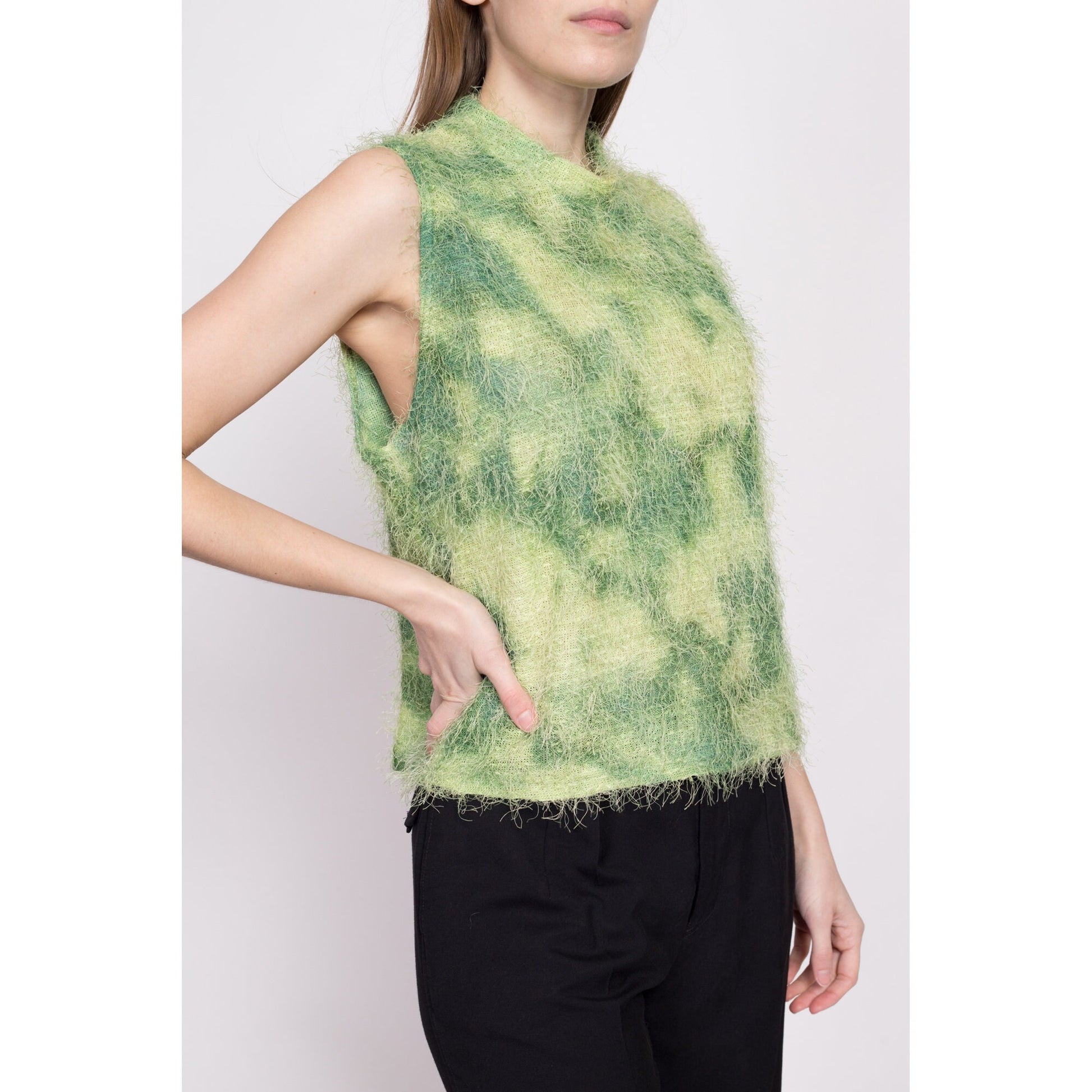 Y2K Green Shaggy Knit Top - Extra Large | Vintage Sleeveless Abstract Camo High Neck Shirt