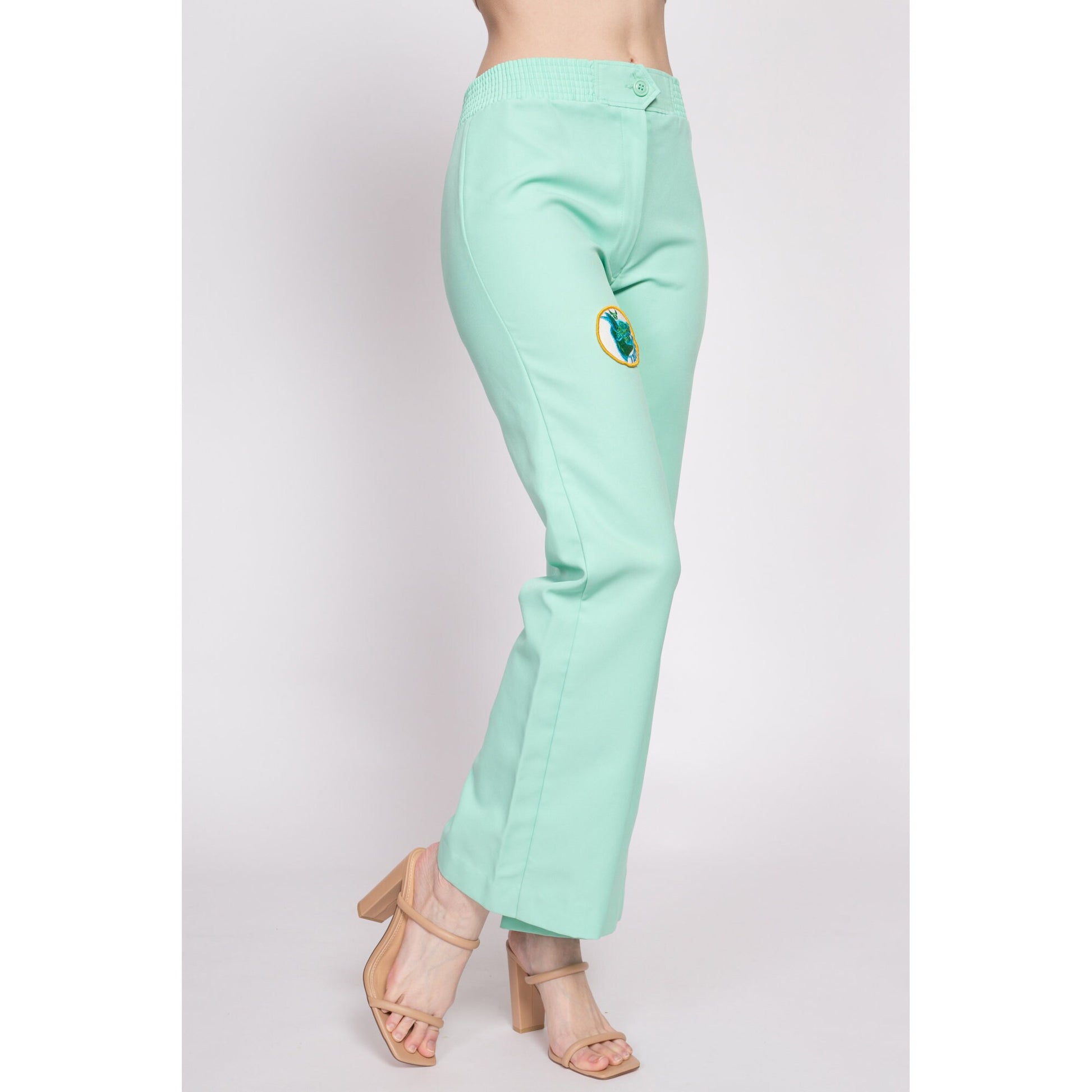 70s Taurus Patch High Waisted Pants - Small to Petite Medium | Vintage Mint Green Boho Flared Polyester Trousers