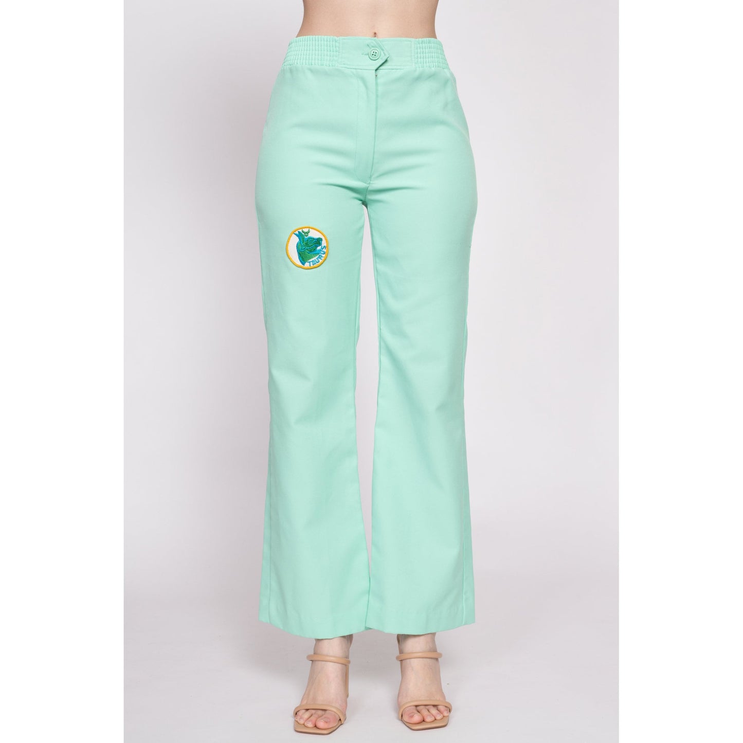 70s Taurus Patch High Waisted Pants - Small to Petite Medium | Vintage Mint Green Boho Flared Polyester Trousers