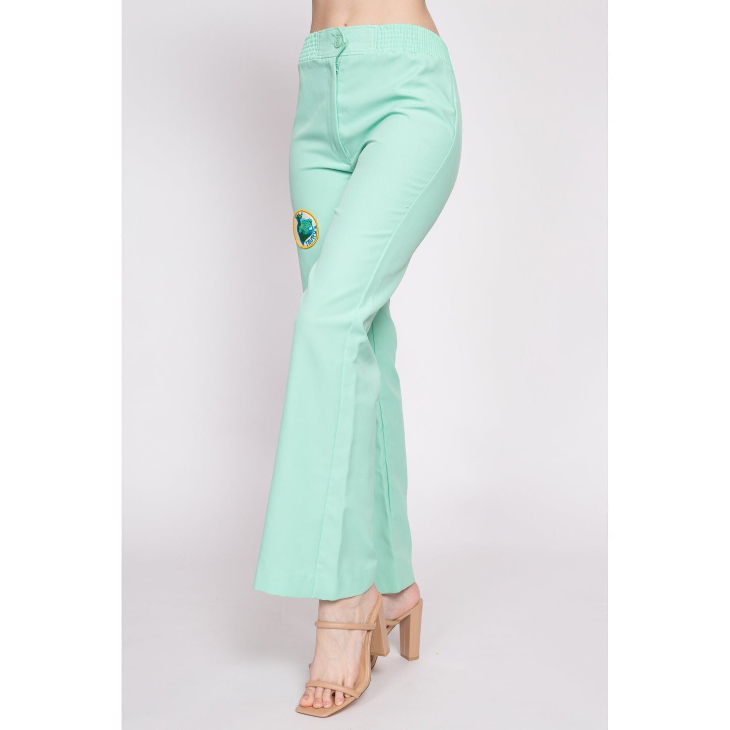 70s Taurus Patch High Waisted Pants - Small to Petite Medium | Vintage Mint Green Boho Flared Polyester Trousers