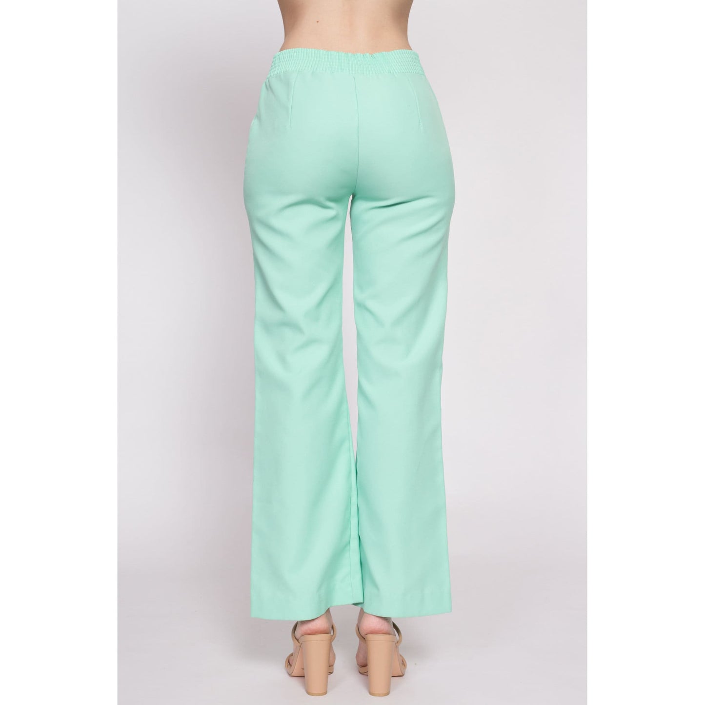 70s Taurus Patch High Waisted Pants - Small to Petite Medium | Vintage Mint Green Boho Flared Polyester Trousers