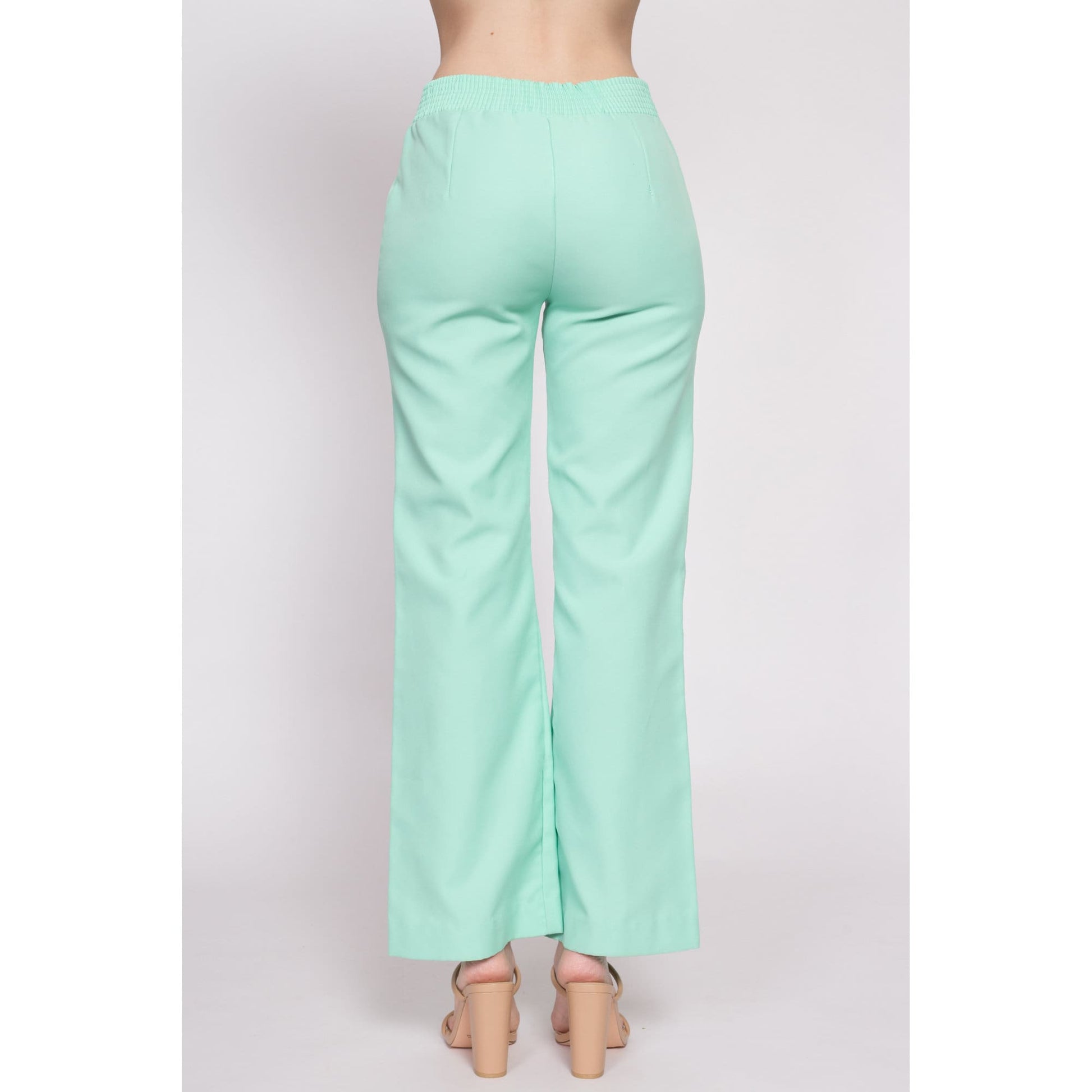 70s Taurus Patch High Waisted Pants - Small to Petite Medium | Vintage Mint Green Boho Flared Polyester Trousers