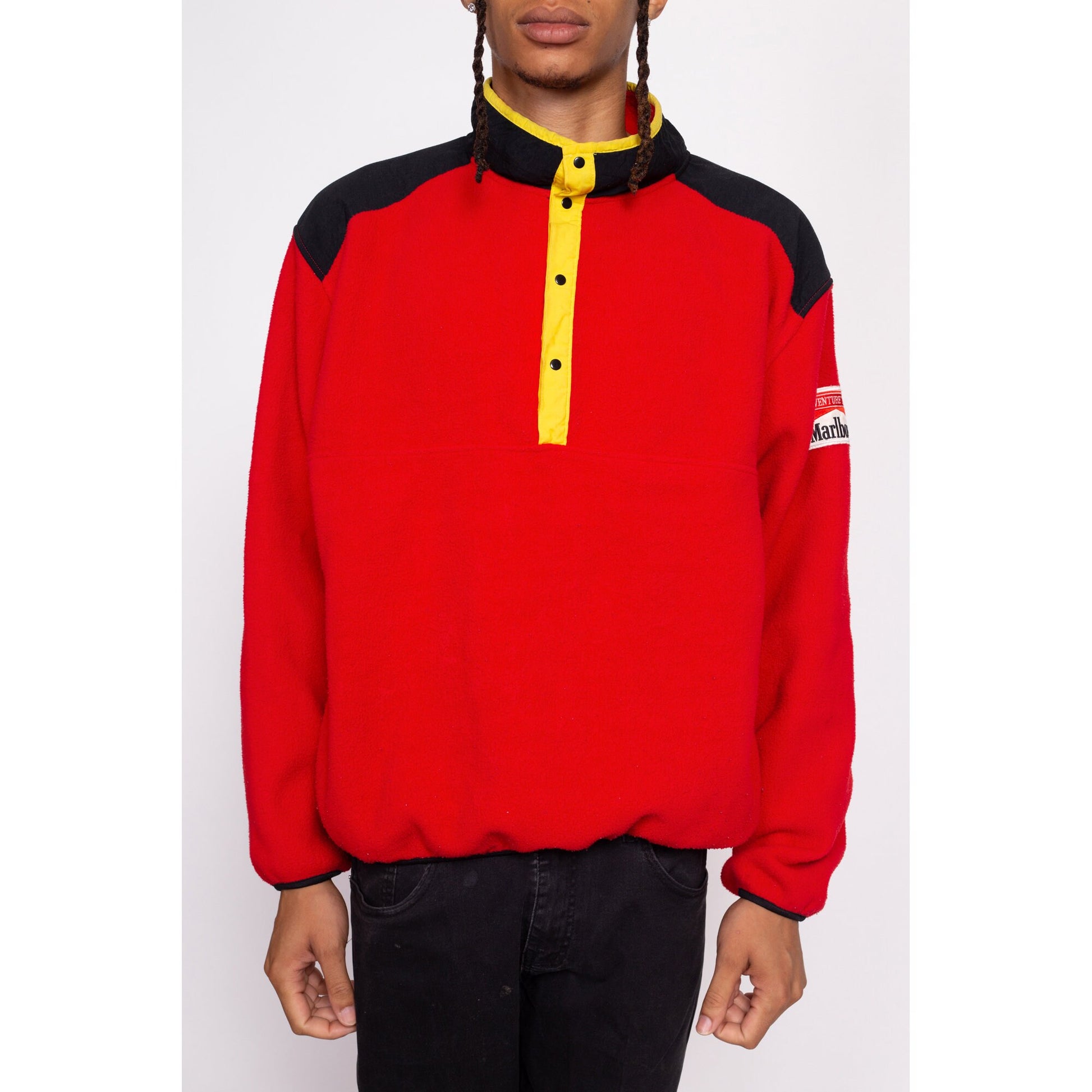 90s Marlboro Red Color Block Fleece Sweatshirt - Men's Large | Vintage Adventure Team Henley Pullover