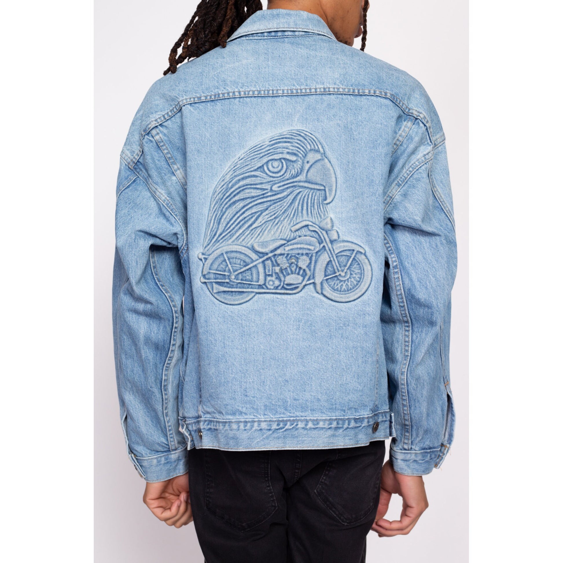 90s Denim 3D Eagle Embossed Biker Jacket - Men's Large | Vintage Light Wash Oversize Motorcycle Jean Jacket