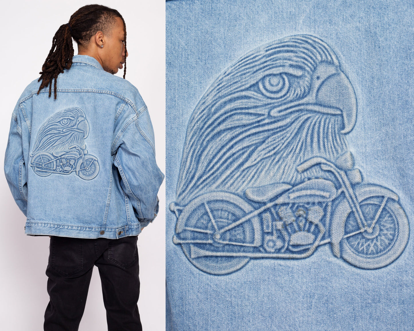 90s Denim 3D Eagle Embossed Biker Jacket - Men's Large | Vintage Light Wash Oversize Motorcycle Jean Jacket