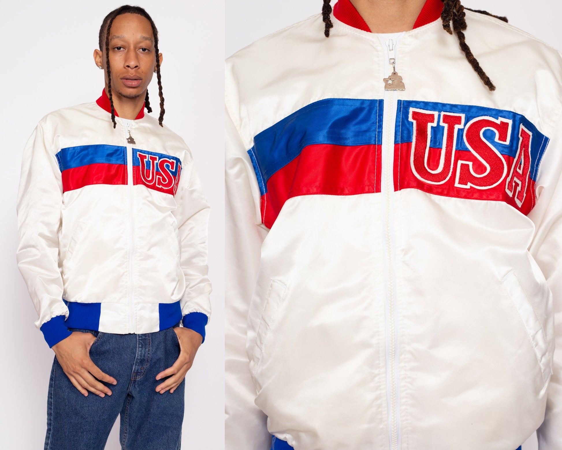 80s USA Satin Starter Jacket - Men's Medium, Women's Large | Vintage Red White Blue Color Block Windbreaker Bomber