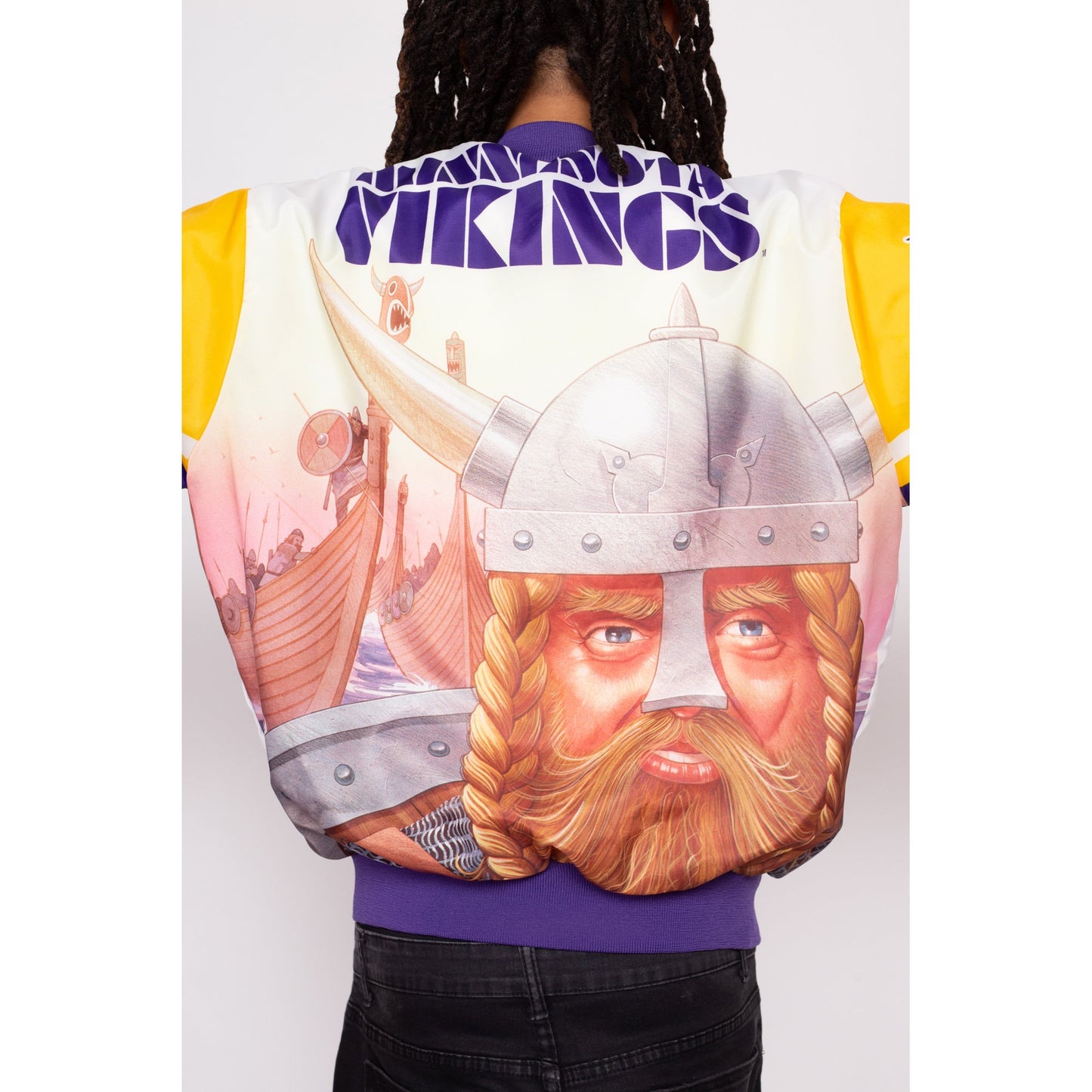90s Minnesota Vikings Chalk Line Windbreaker Jacket - Men's Large | Vintage NFL Football Snap Button Big Graphic Bomber