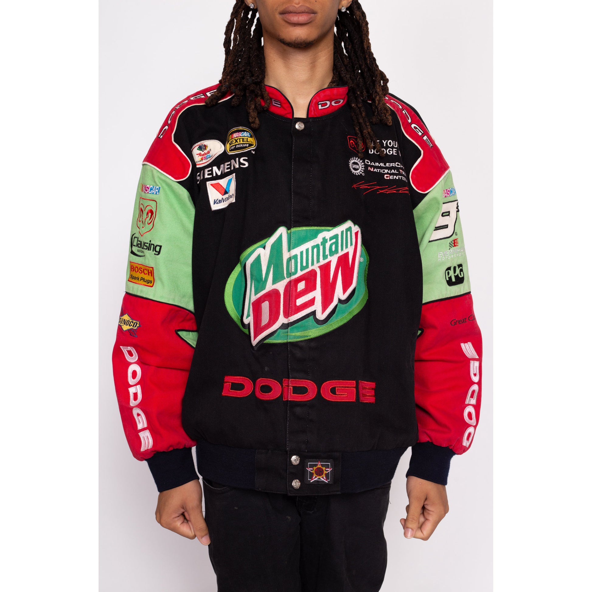 90s NASCAR Mountain Dew Racing Jacket - Men's 2X-3X | Vintage Color Block Dodge Logo Sponsor Jacket