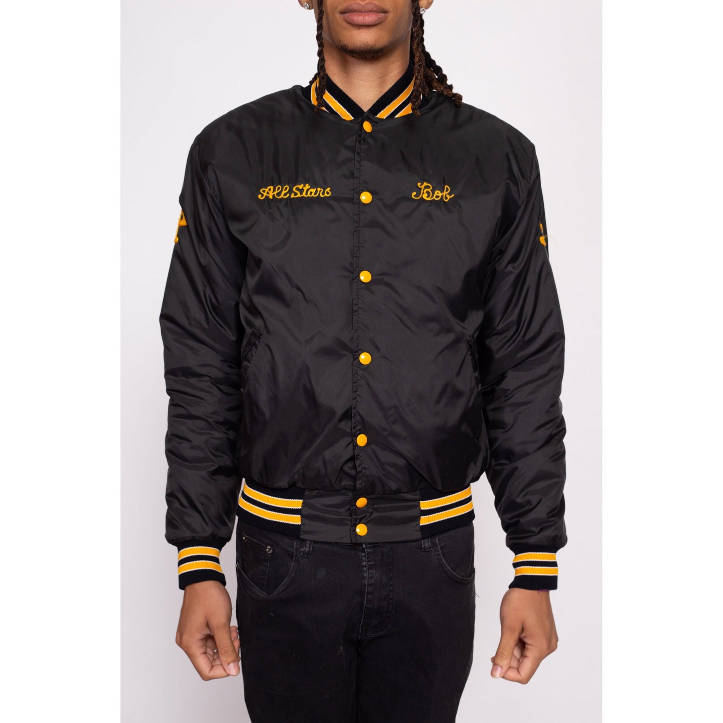80s Baseball League Chainstitch Varsity Jacket - Men's Small | Vintage Striped Trim Embroidered Snap Button Team Bomber
