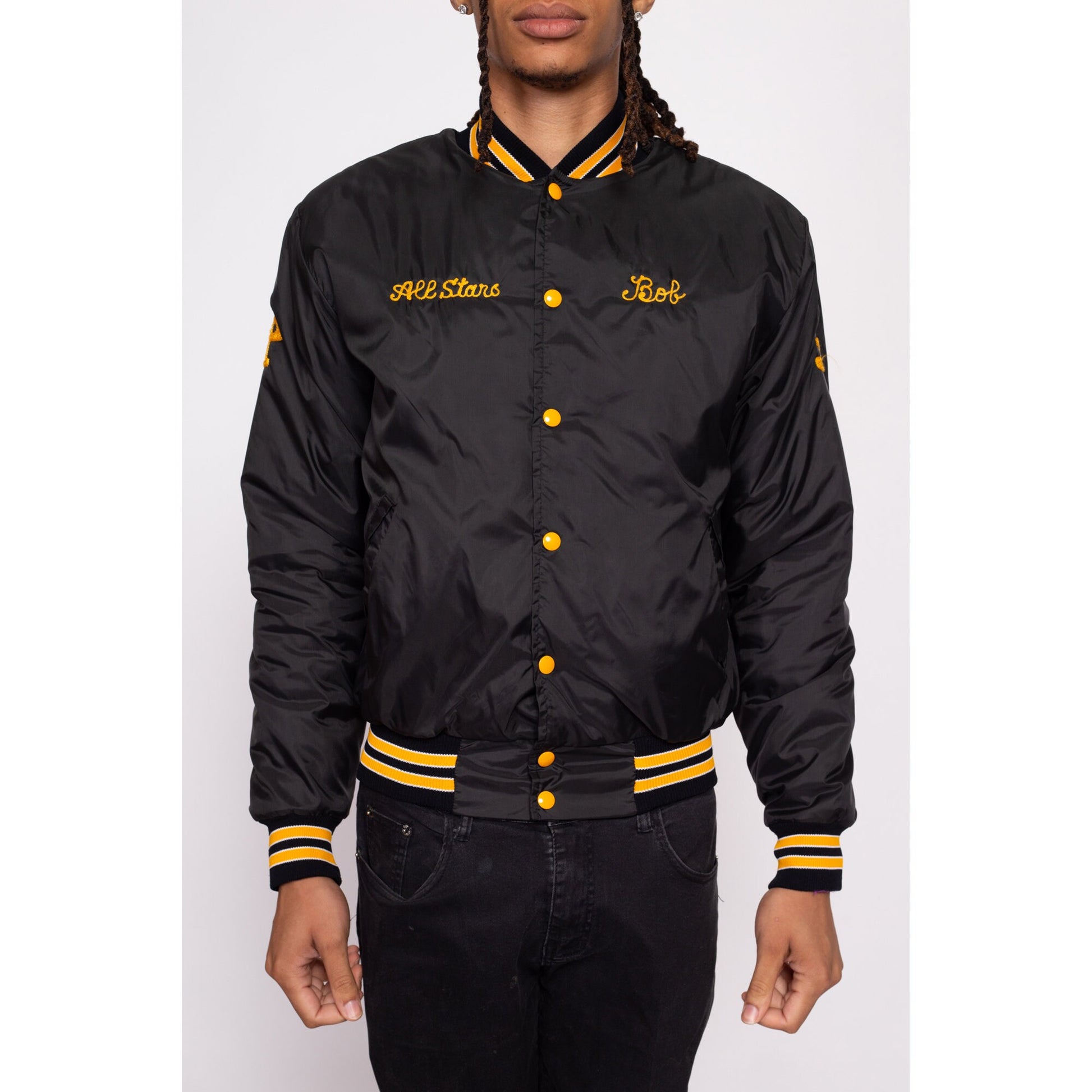 80s Baseball League Chainstitch Varsity Jacket - Men's Small | Vintage Striped Trim Embroidered Snap Button Team Bomber