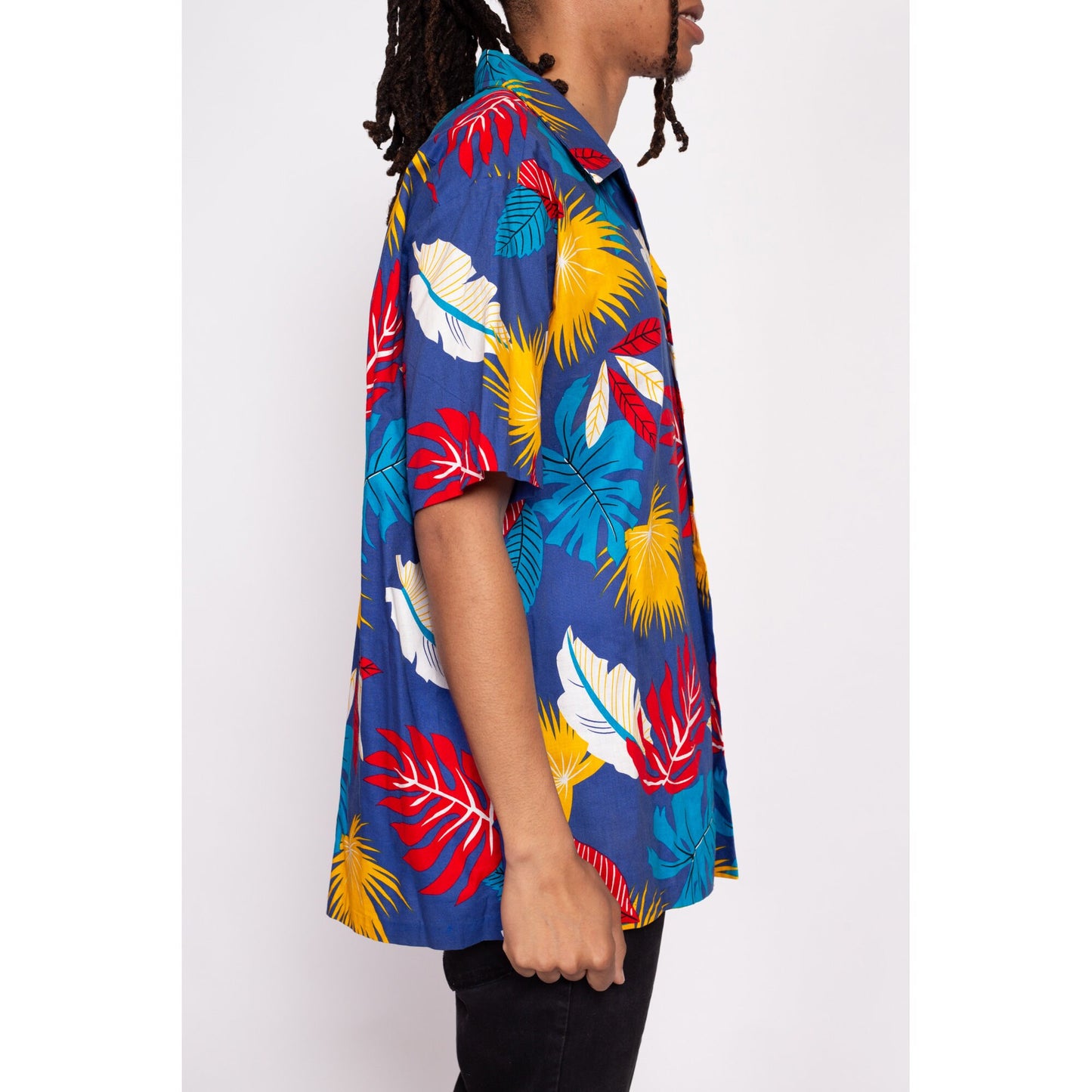 70s Rai Nani Hawaiian Aloha Shirt - Men's XL | Vintage Wooden Button Blue Tropical Leaf Print Notched Collar Top