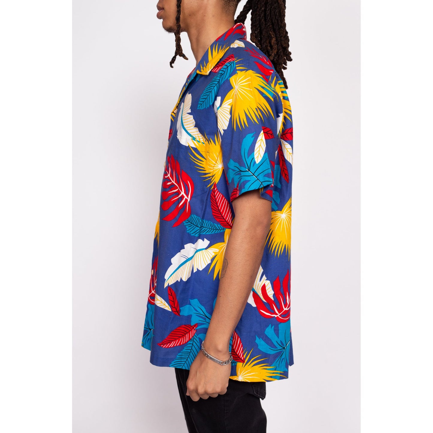 70s Rai Nani Hawaiian Aloha Shirt - Men's XL | Vintage Wooden Button Blue Tropical Leaf Print Notched Collar Top