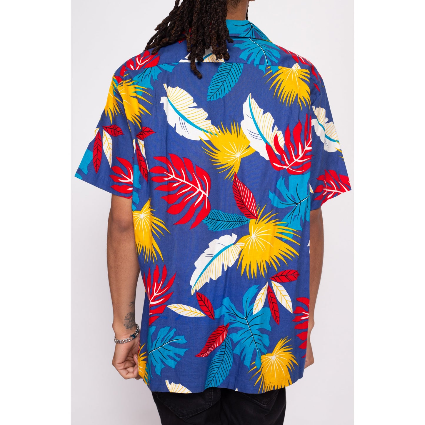 70s Rai Nani Hawaiian Aloha Shirt - Men's XL | Vintage Wooden Button Blue Tropical Leaf Print Notched Collar Top