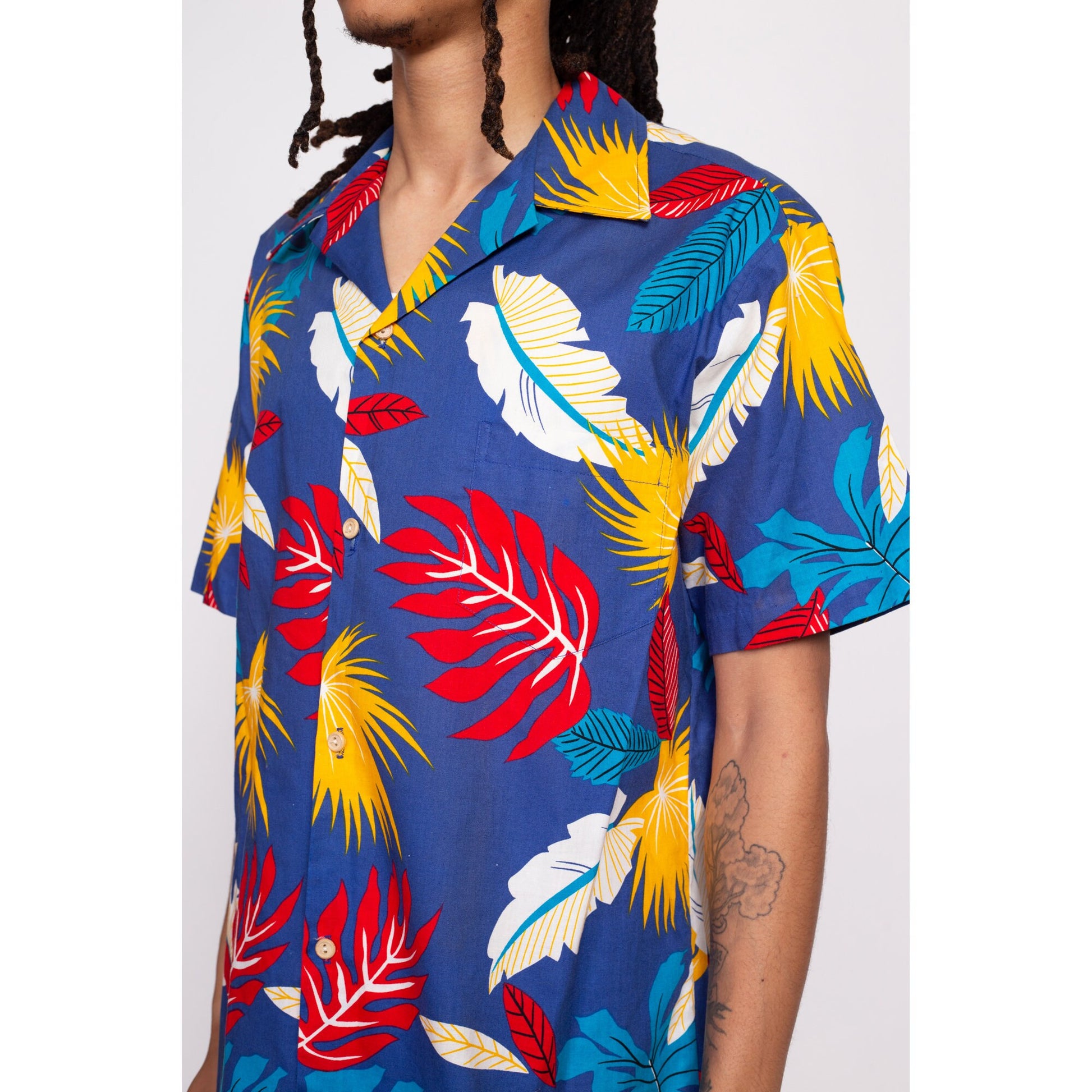 70s Rai Nani Hawaiian Aloha Shirt - Men's XL | Vintage Wooden Button Blue Tropical Leaf Print Notched Collar Top