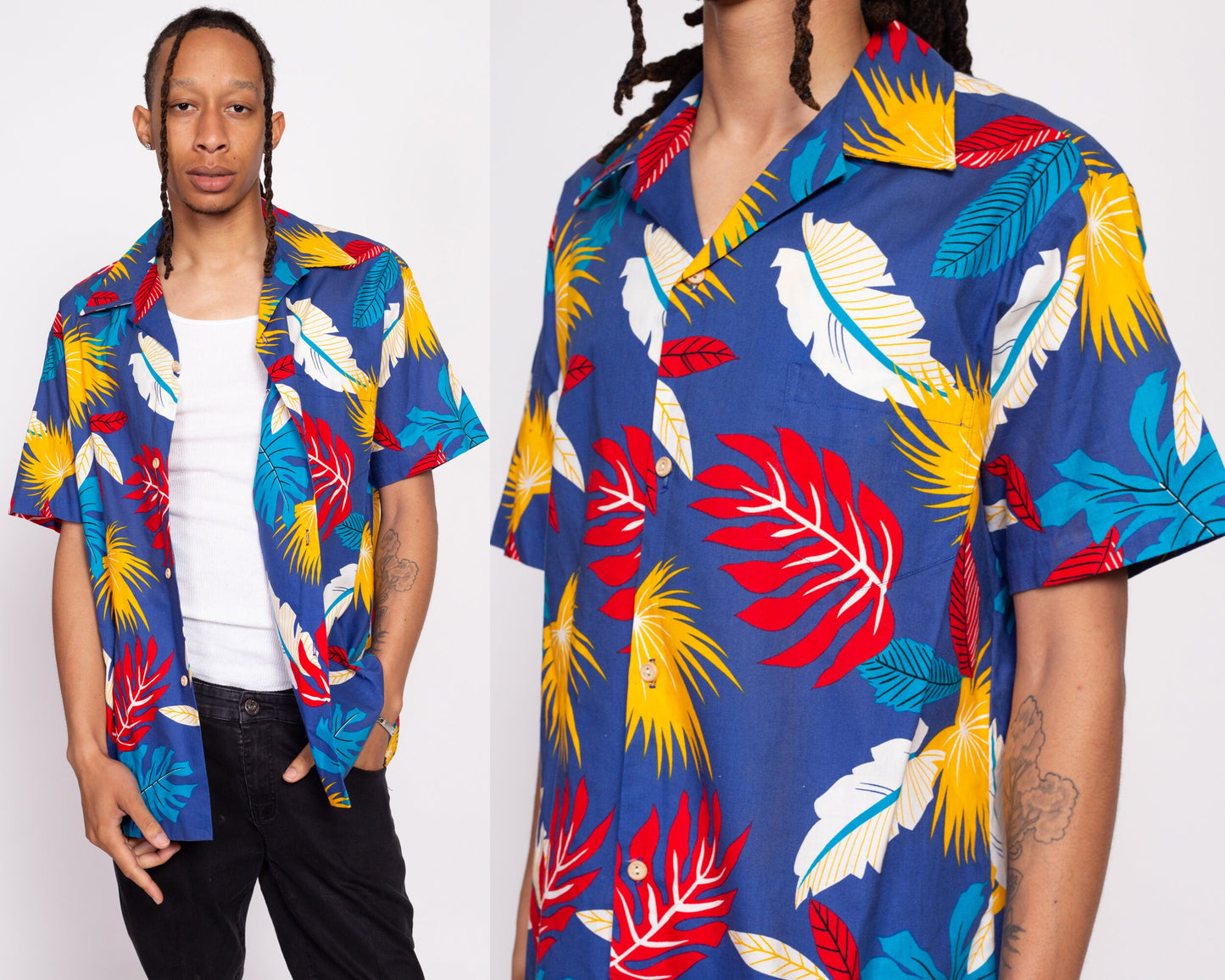 70s Rai Nani Hawaiian Aloha Shirt - Men's XL | Vintage Wooden Button Blue Tropical Leaf Print Notched Collar Top