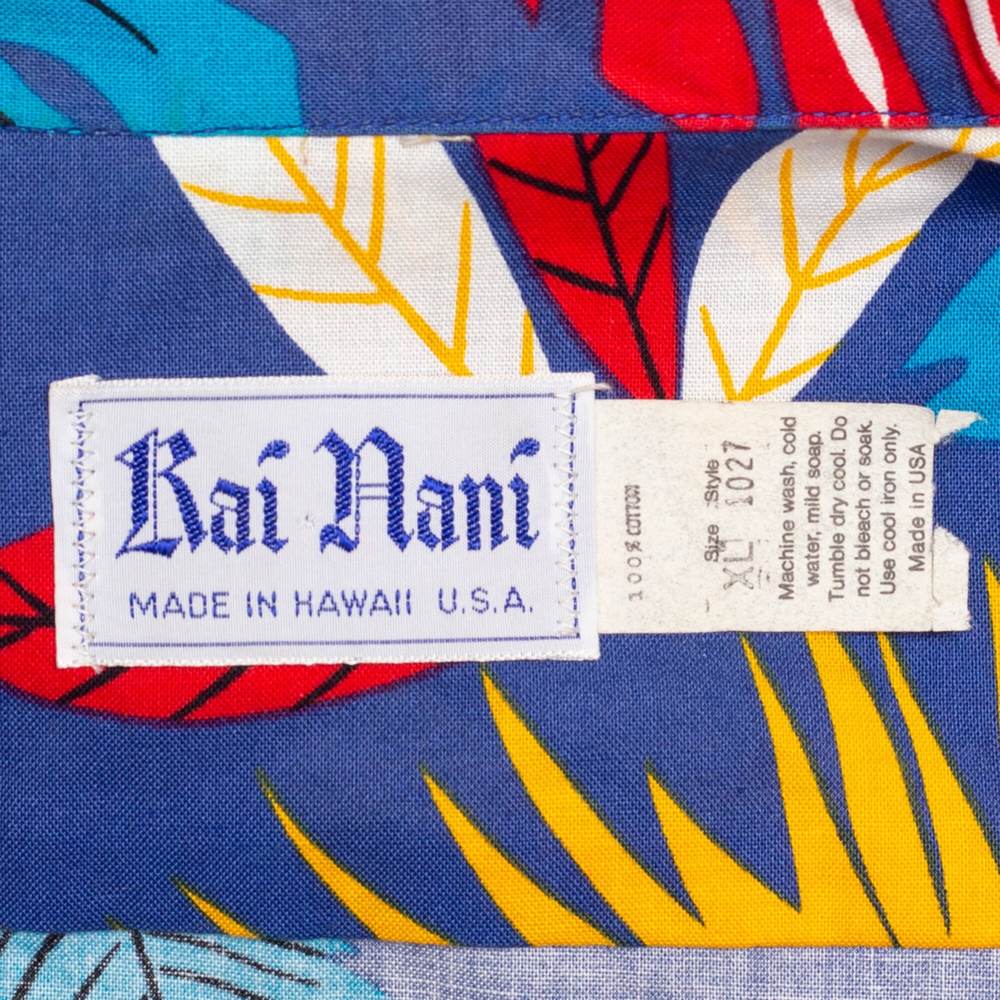 70s Rai Nani Hawaiian Aloha Shirt - Men's XL | Vintage Wooden Button Blue Tropical Leaf Print Notched Collar Top