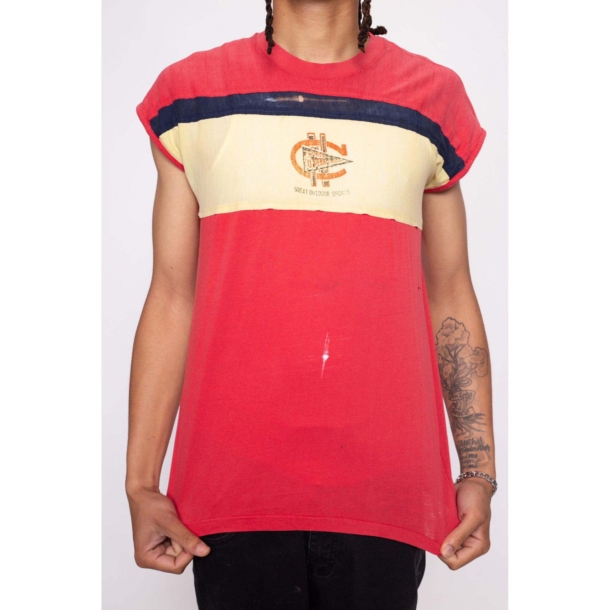 70s Pikes Peak Colorado Distressed Tank - Medium | Vintage Striped Cap Sleeve Souvenir Tourist T Shirt