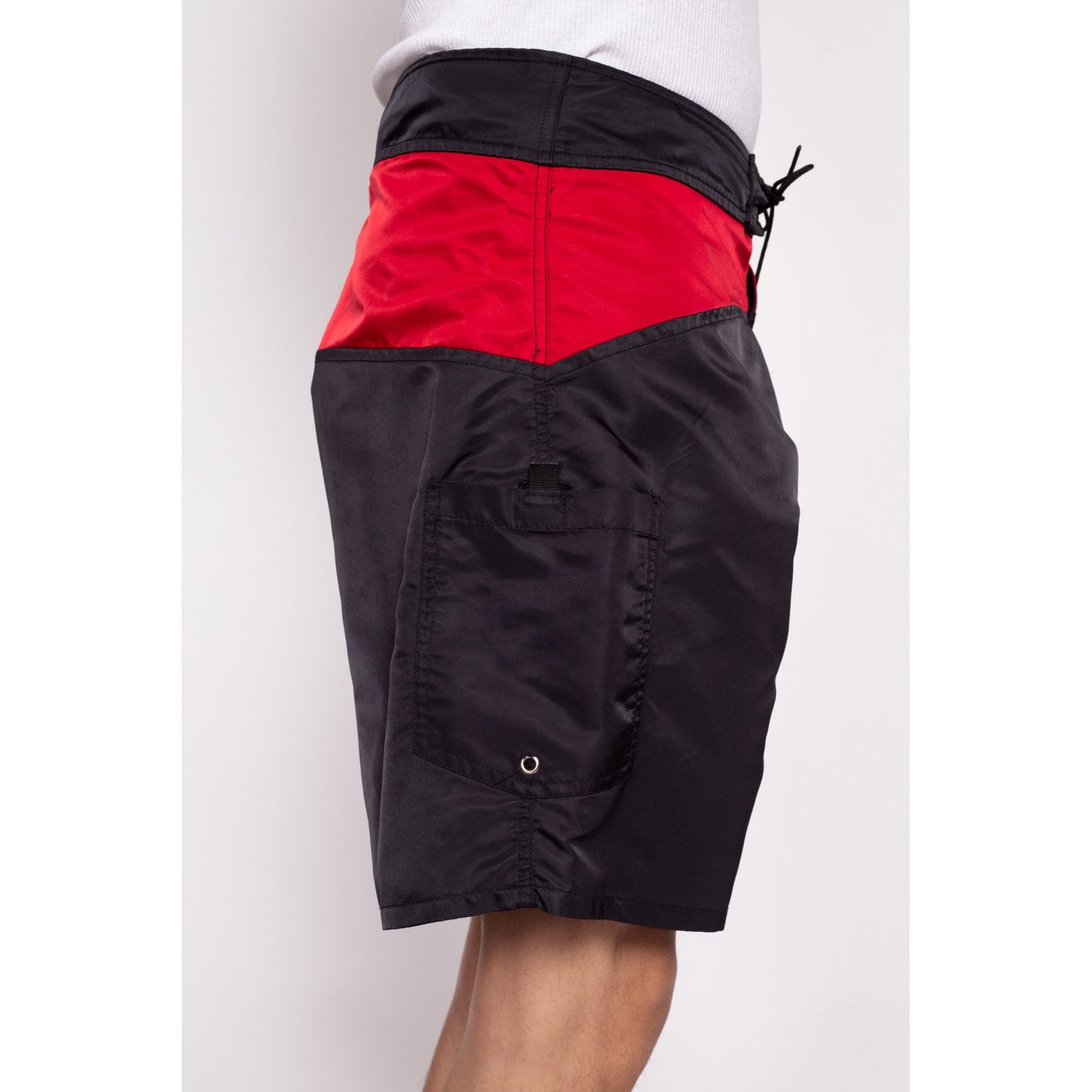 90s Speedo Board Shorts - Size 36 | Vintage Black Red Color Block Long Swim Shorts