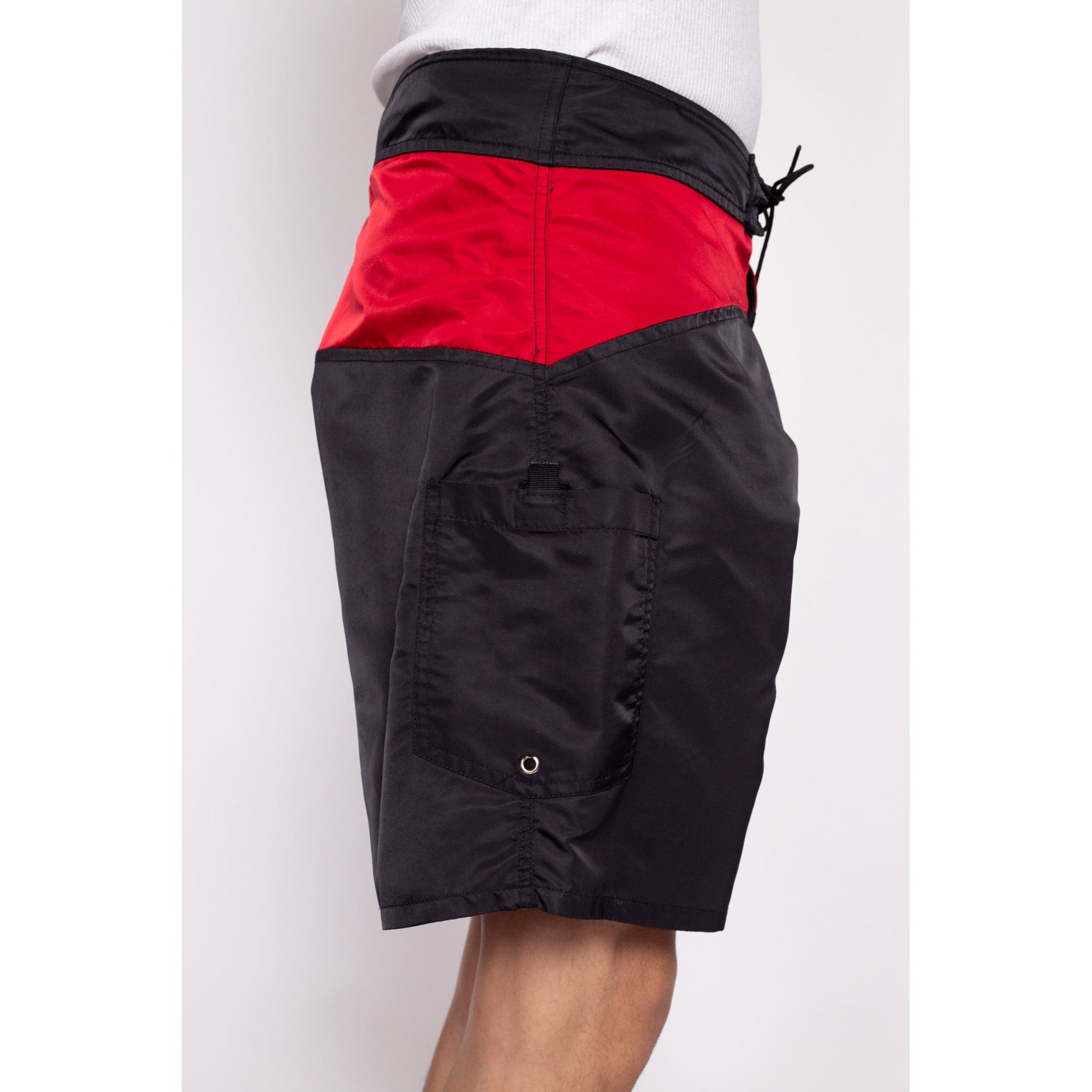 90s Speedo Board Shorts - Size 36 | Vintage Black Red Color Block Long Swim Shorts