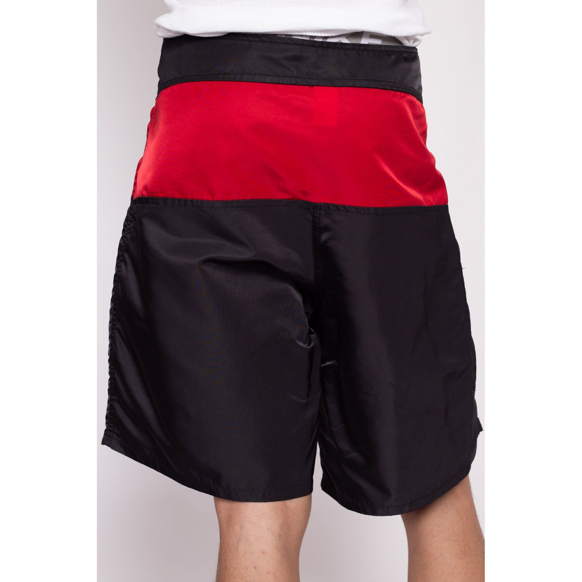 90s Speedo Board Shorts - Size 36 | Vintage Black Red Color Block Long Swim Shorts