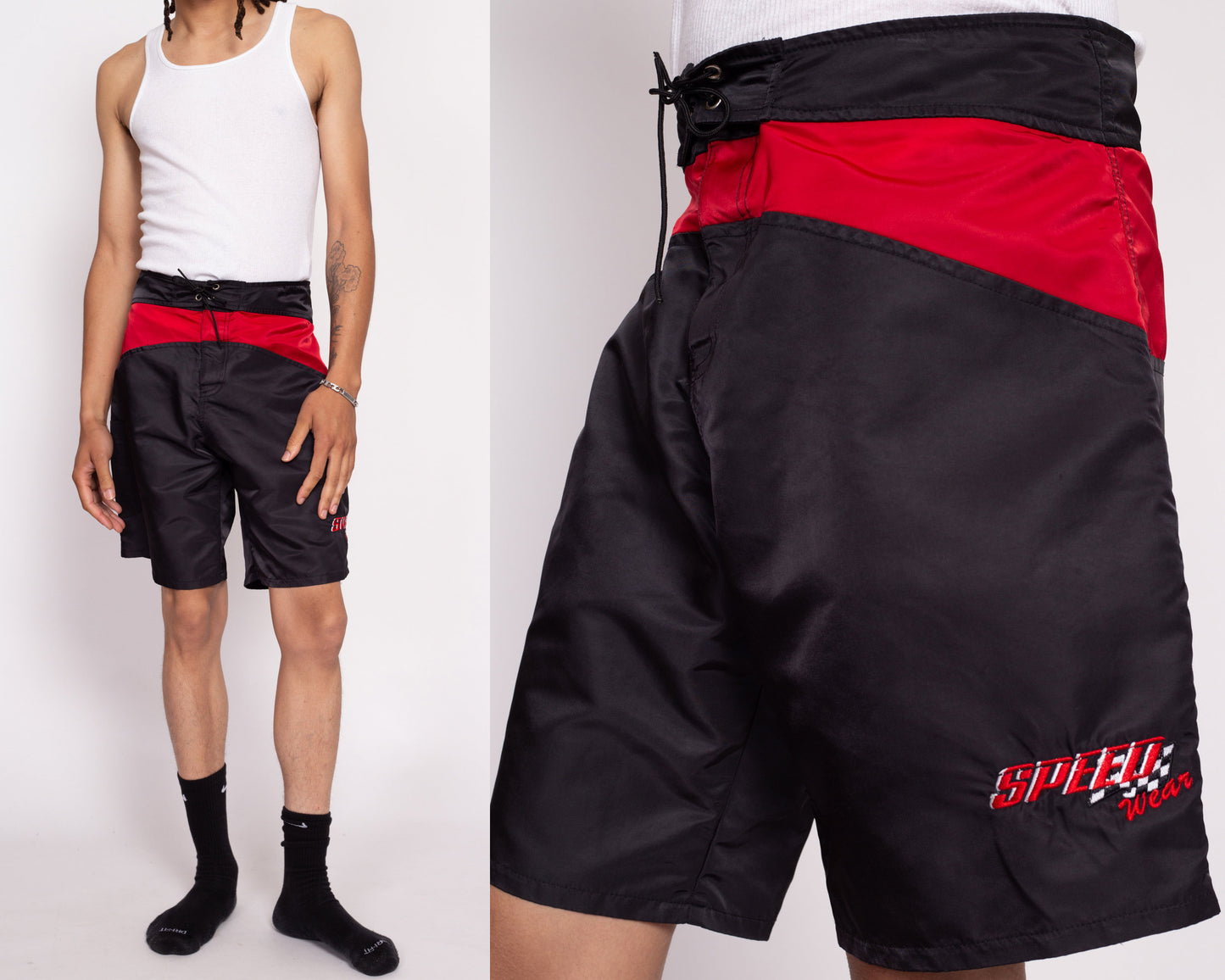 90s Speedo Board Shorts - Size 36 | Vintage Black Red Color Block Long Swim Shorts
