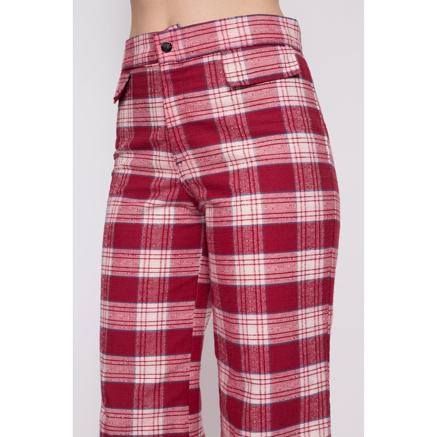 70s Red Plaid High Waisted Pants - Men's Small, Women's Medium, 31" | Retro Vintage Wide Leg Cuffed Trousers