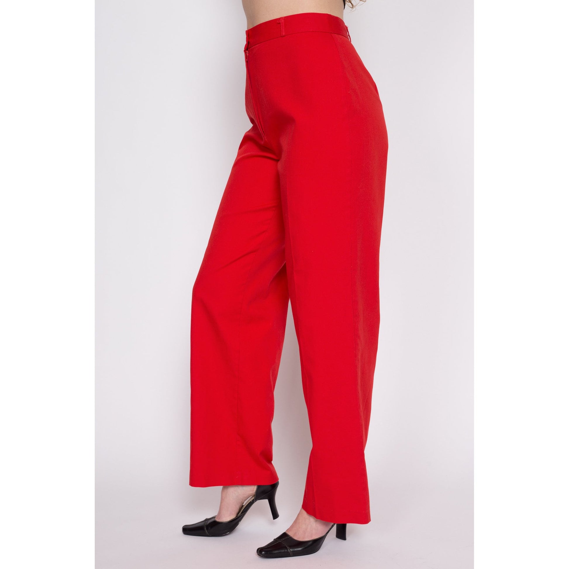 70s Red High Waisted Pants - Medium, 28.5" | Retro Vintage Straight Leg Trousers