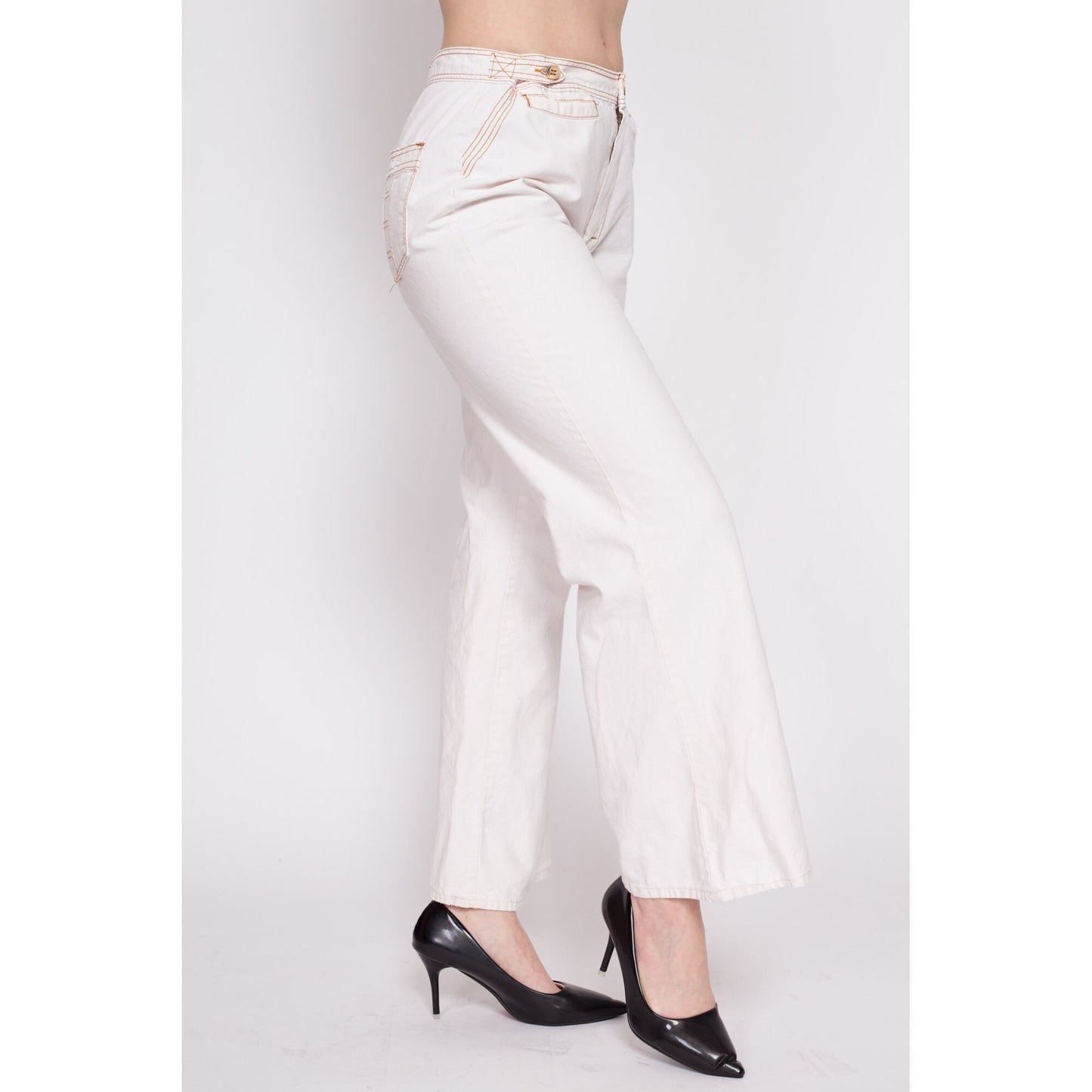 70s White Cotton Contrast Stitch Bell Bottoms - Men's Small, Women's Medium | Vintage Boho High Waisted Flared Pants