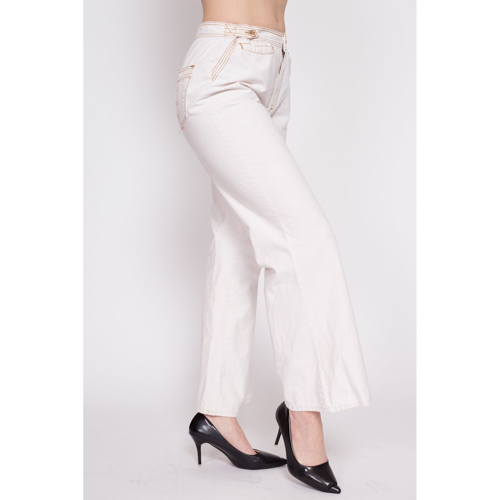 70s White Cotton Contrast Stitch Bell Bottoms - Men's Small, Women's Medium | Vintage Boho High Waisted Flared Pants