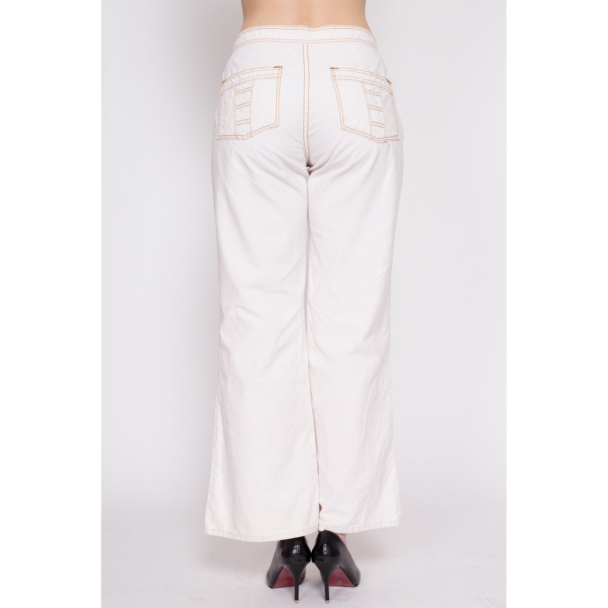 70s White Cotton Contrast Stitch Bell Bottoms - Men's Small, Women's Medium | Vintage Boho High Waisted Flared Pants